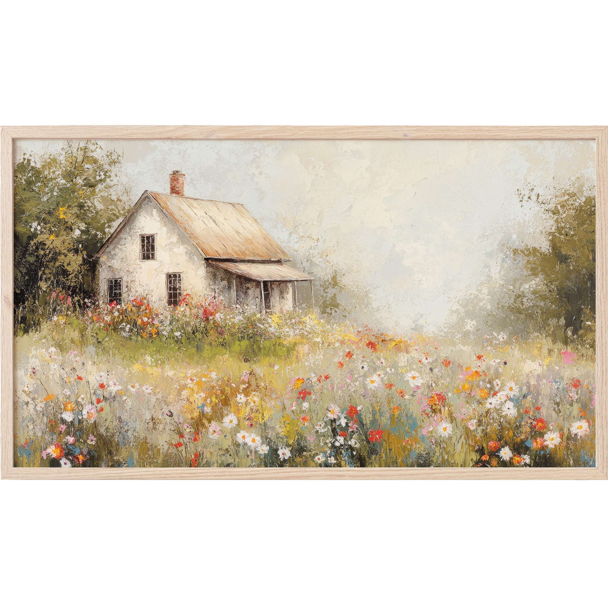 Vintage Frame TV Art of a rustic cottage amid soft, muted florals, blending earth tones with delicate pastels