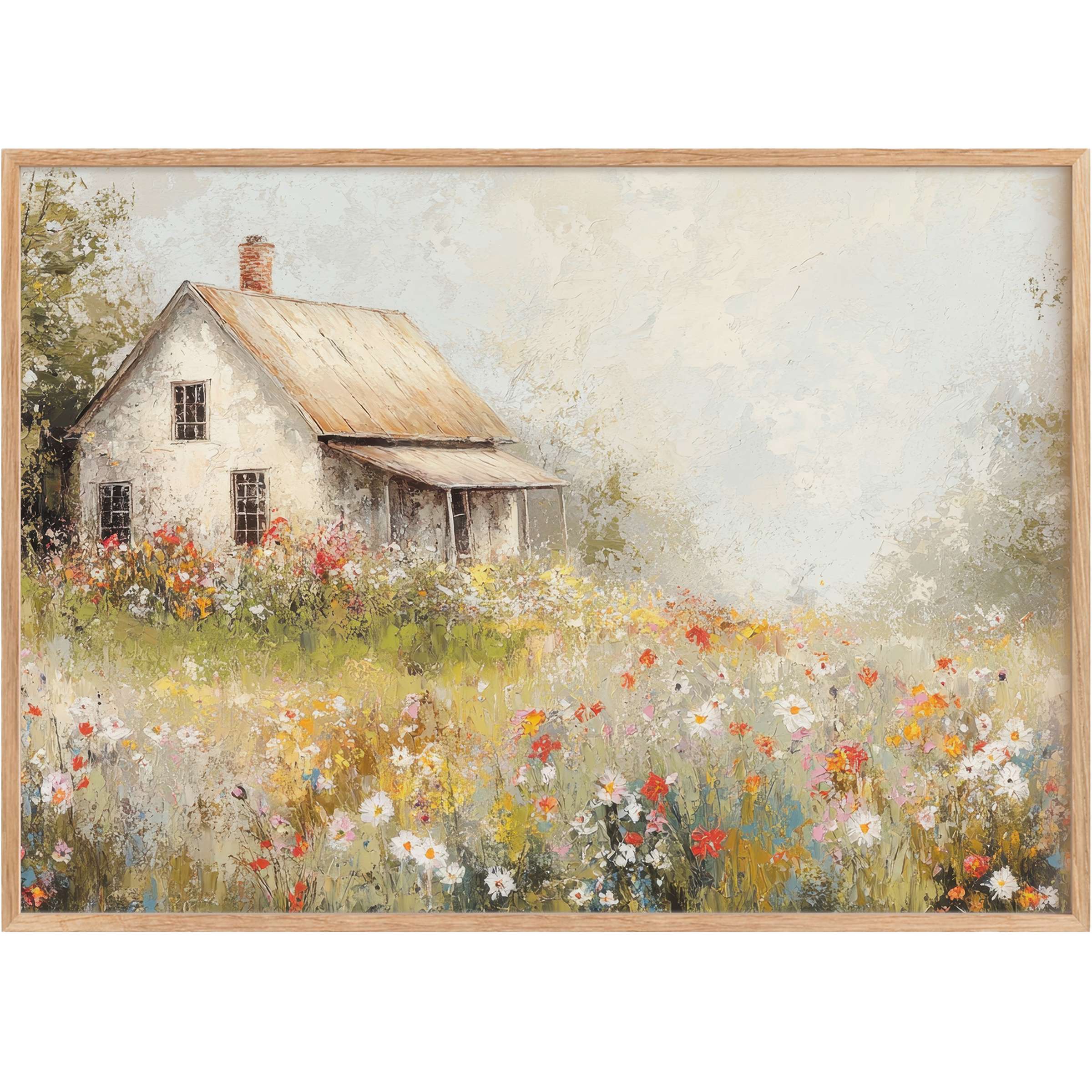 Vintage printable wall art capturing a serene countryside cottage surrounded by vibrant wildflowers, evoking peaceful warmth and timeless charm