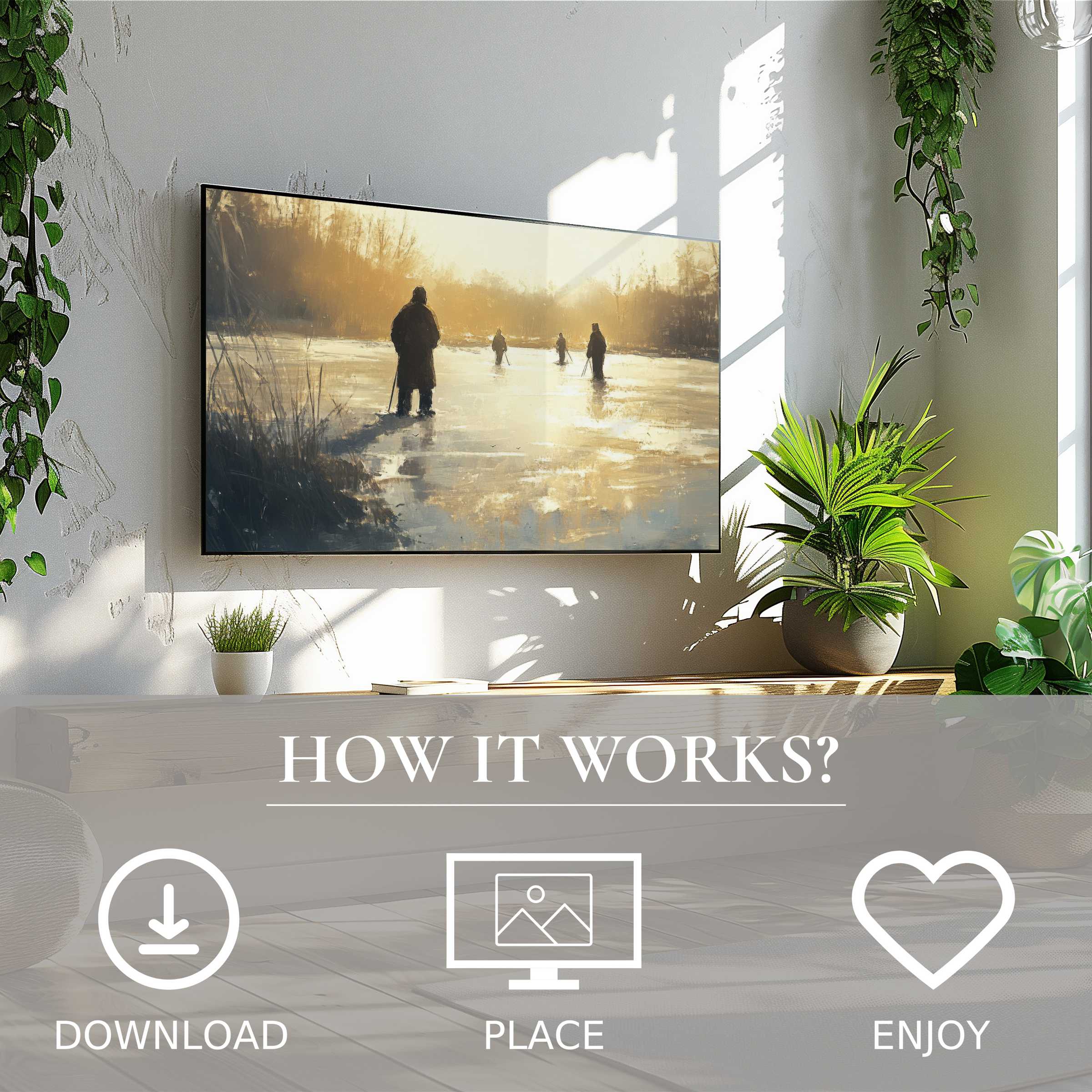 Winter art for Samsung TV showing muted sunset tones and figures skating, easy digital download enriches modern living