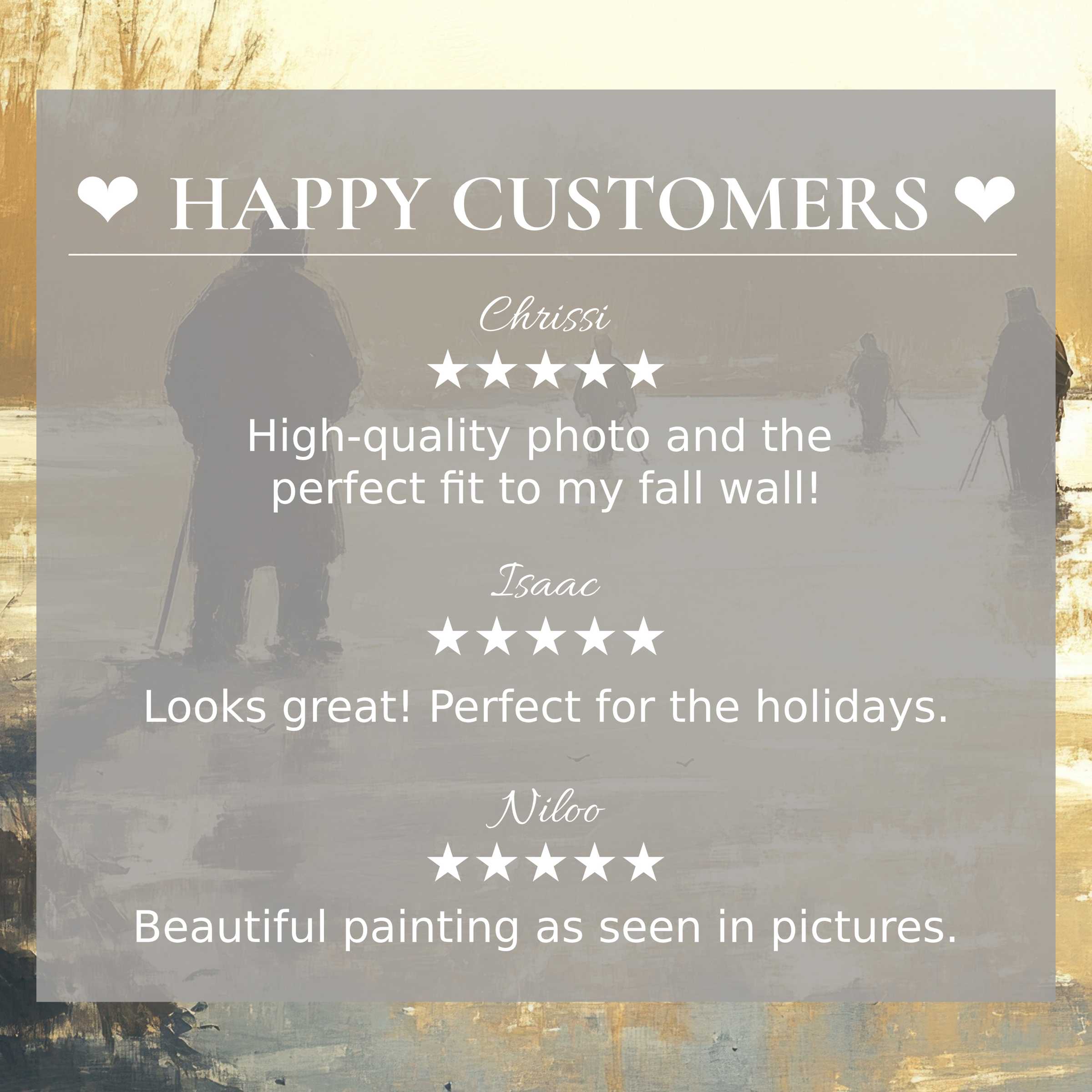 Winter art for Frame TV features muted silhouette figures and golden hues; happy customer reviews build elegant trust