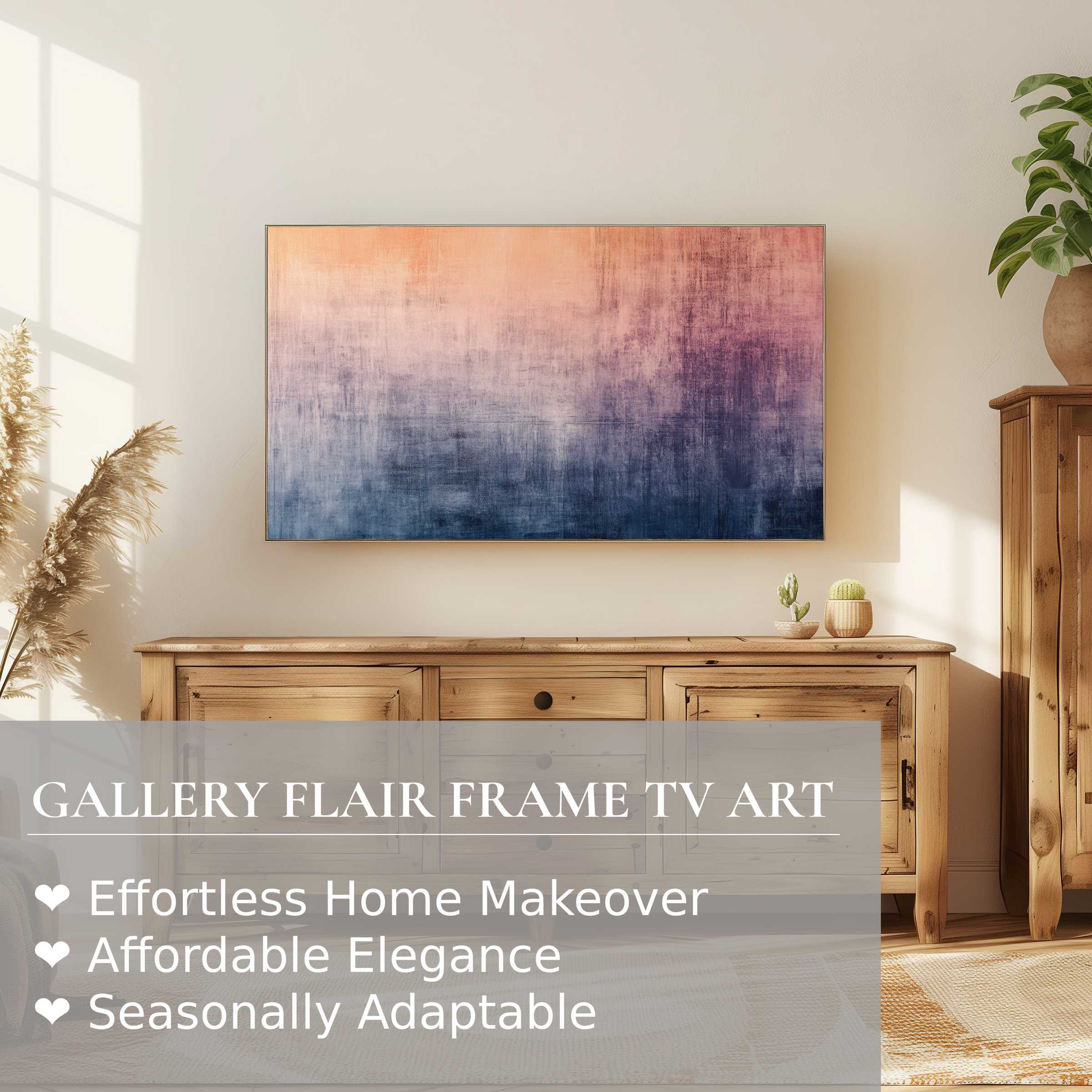 Samsung Frame TV displaying soothing modern digital artwork in a serene room with natural wood and elegant decor