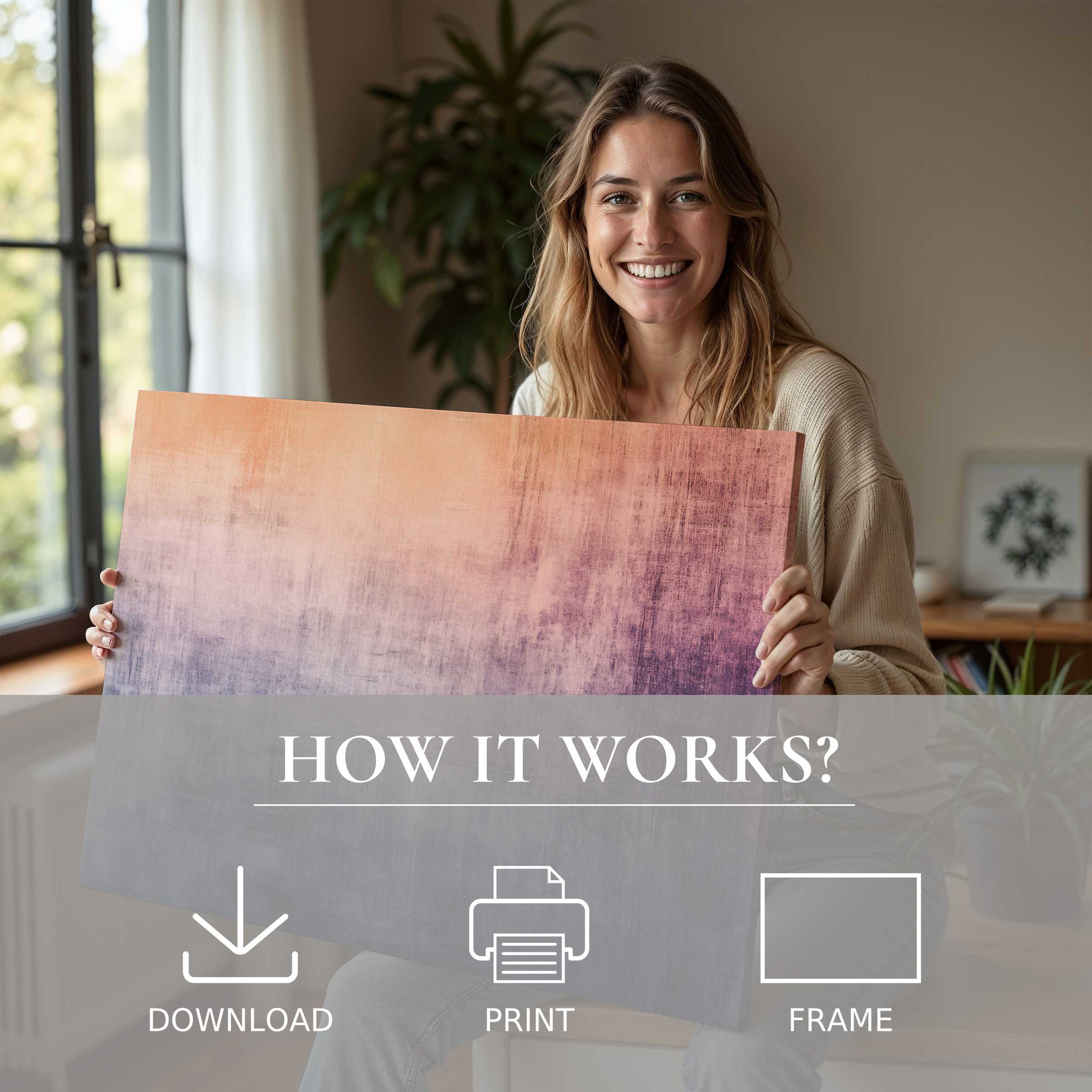 Radiant joy meets serene living in this modern digital art print, effortlessly elevating stylish homes with warm, textured hues