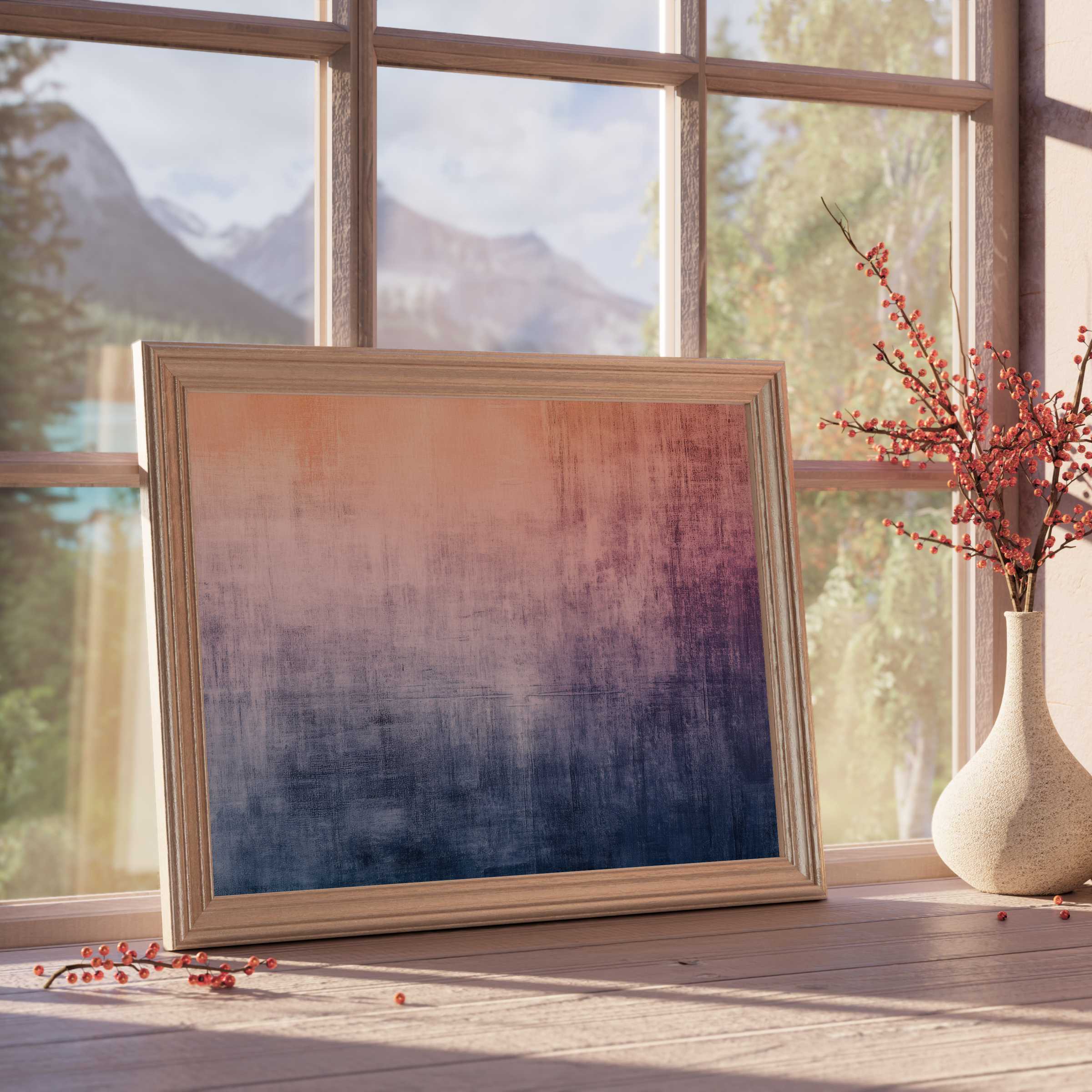 Modern downloadable art in soft gradient hues evokes calm and warmth, enhancing curated interiors with serene, design-forward elegance