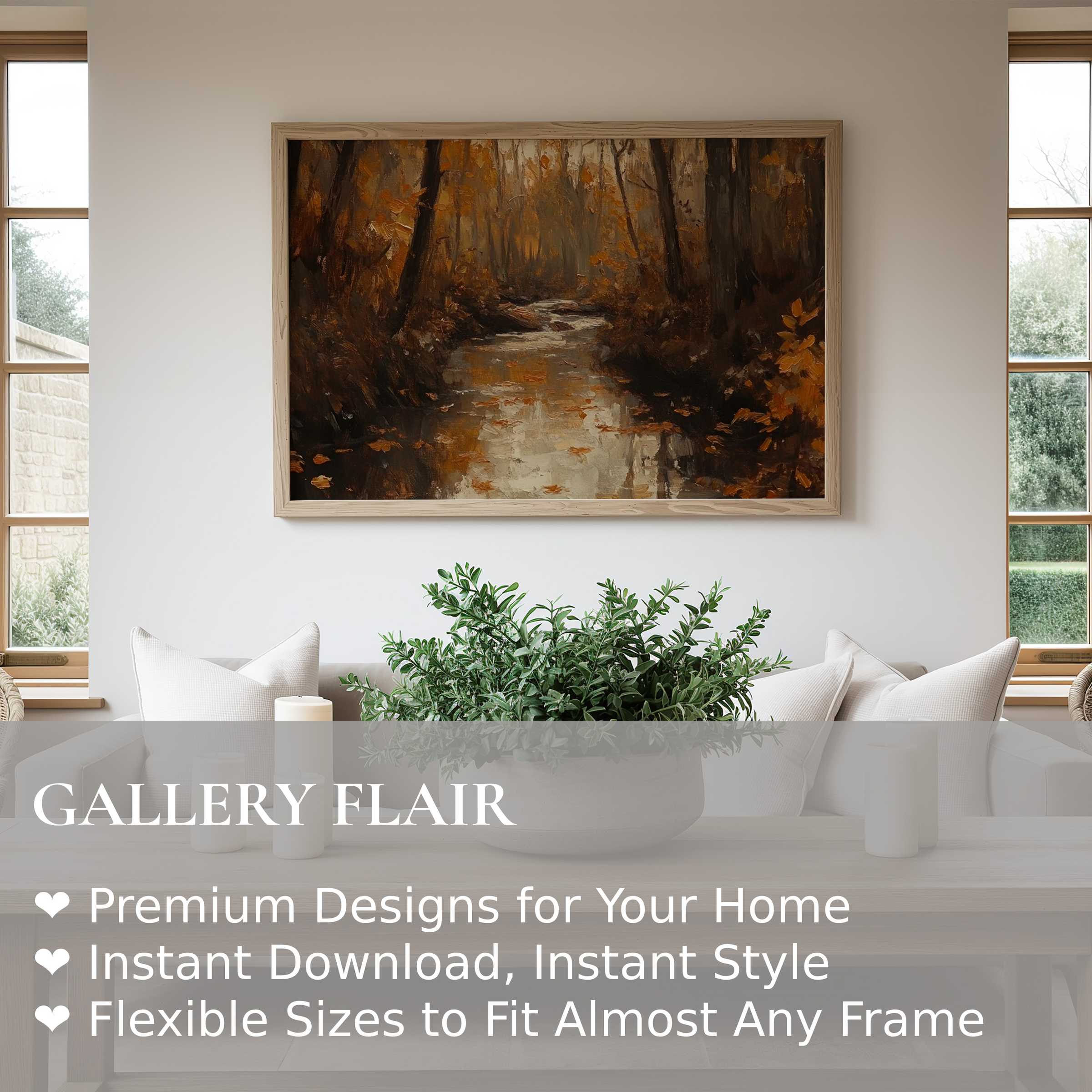 Fall wall art print featuring a radiant autumn forest and reflective stream, enhancing modern minimalist interiors with warm, earthy elegance
