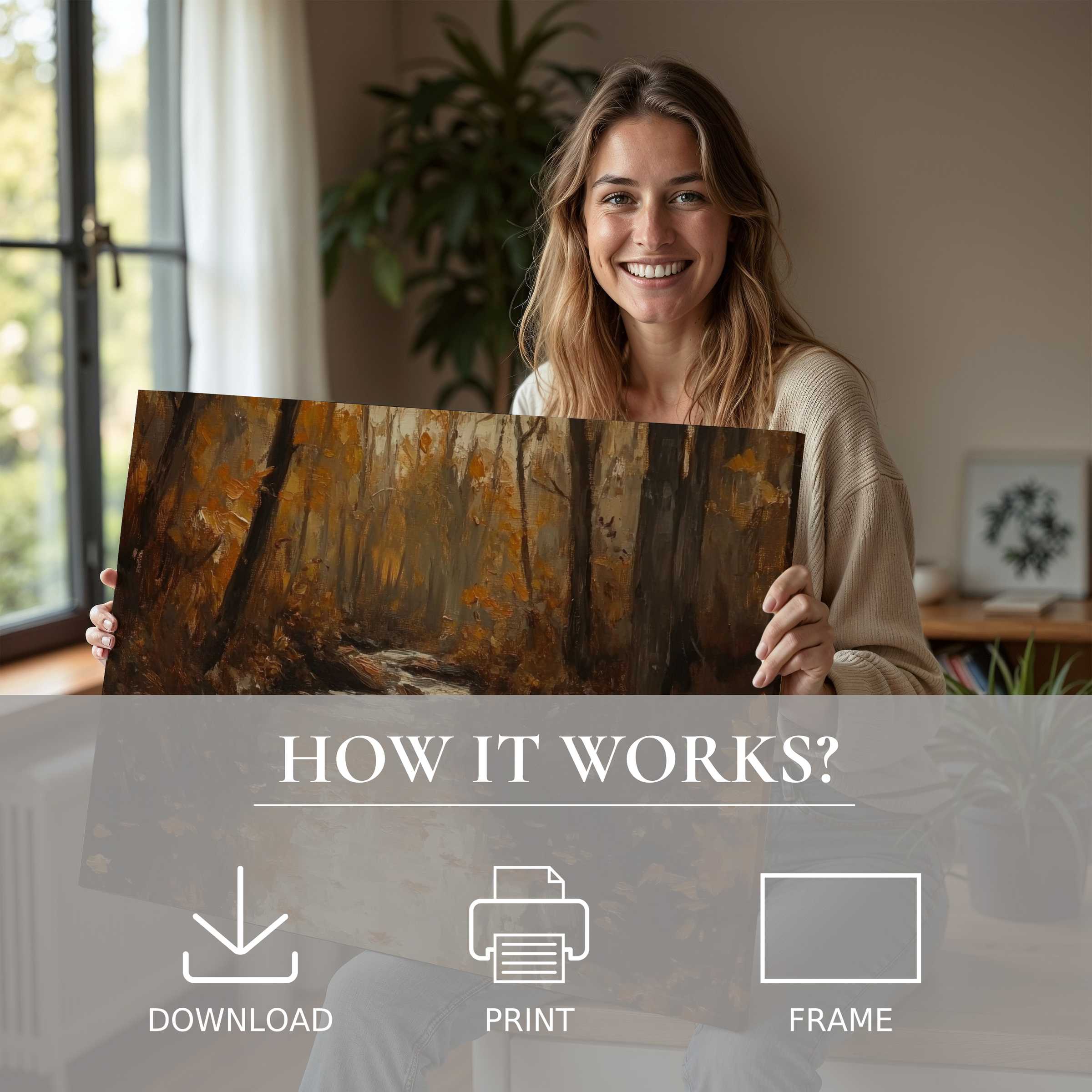 Woman in a sunlit modern home with a serene fall digital art print, embodying warmth, joy, and effortless elegance