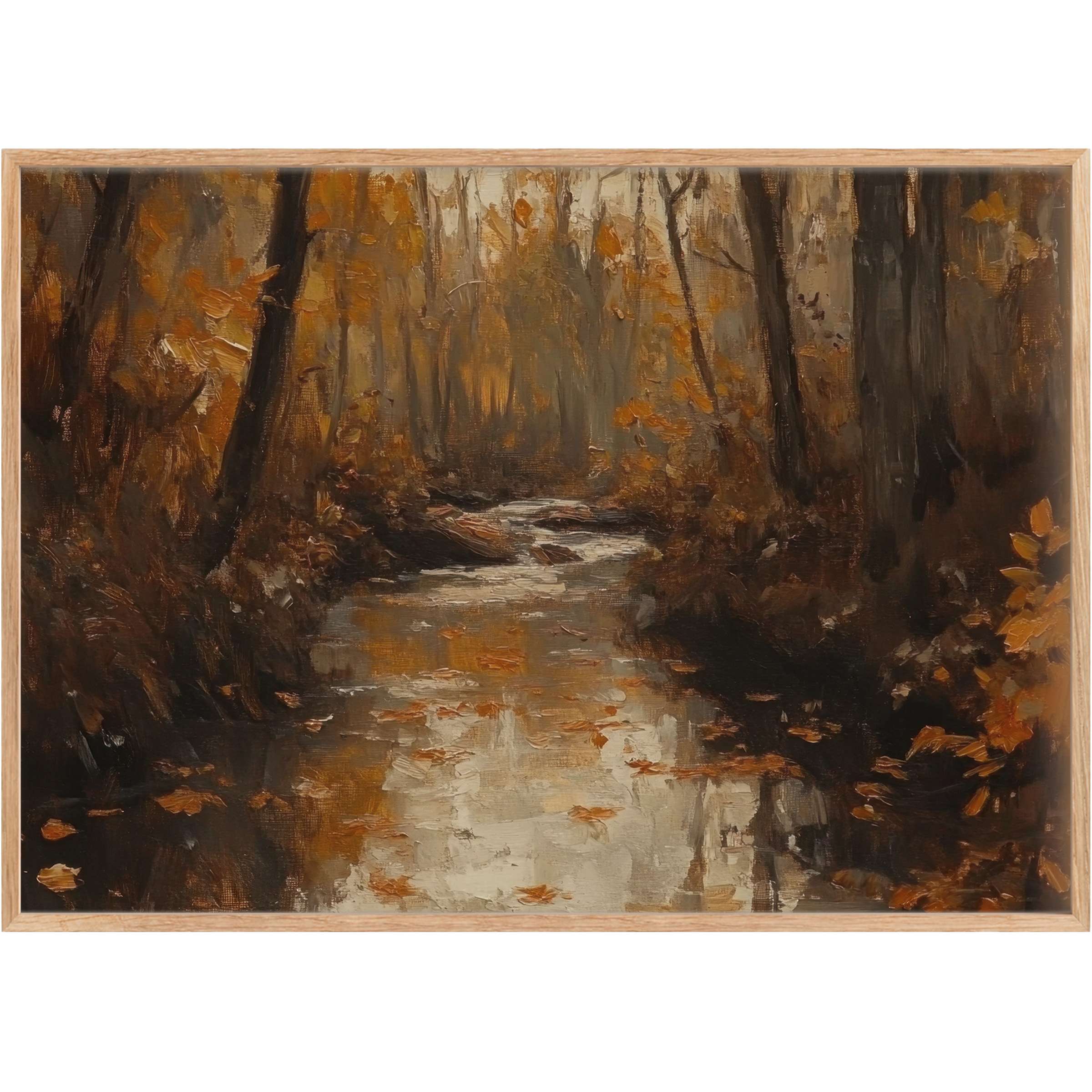 Enchanting fall printable wall art capturing a serene woodland stream, with warm amber and deep brown tones evoking cozy tranquility