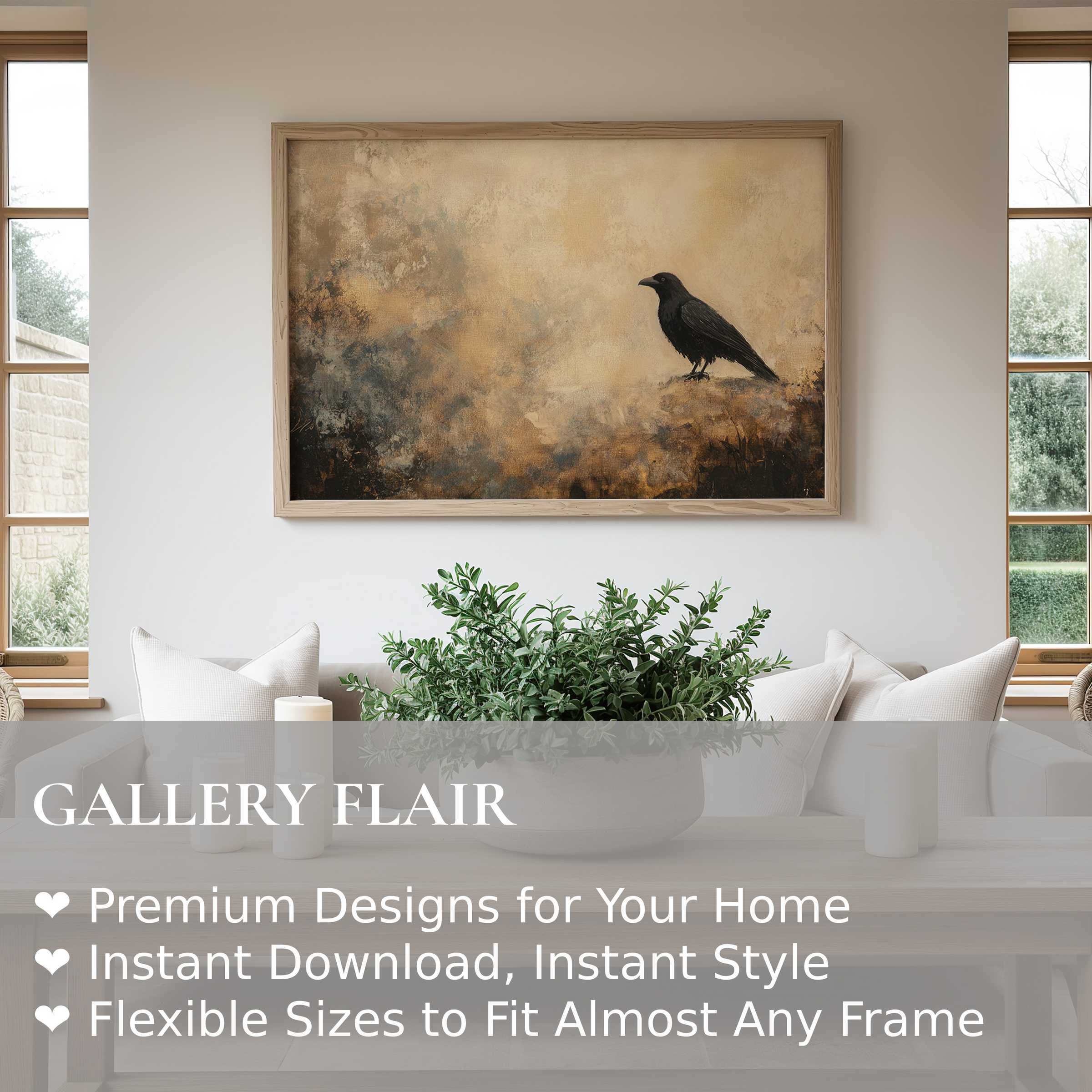 Bold halloween wall art print featuring a sleek black crow on textured amber tones, elevating modern minimalist interiors with eerie elegance
