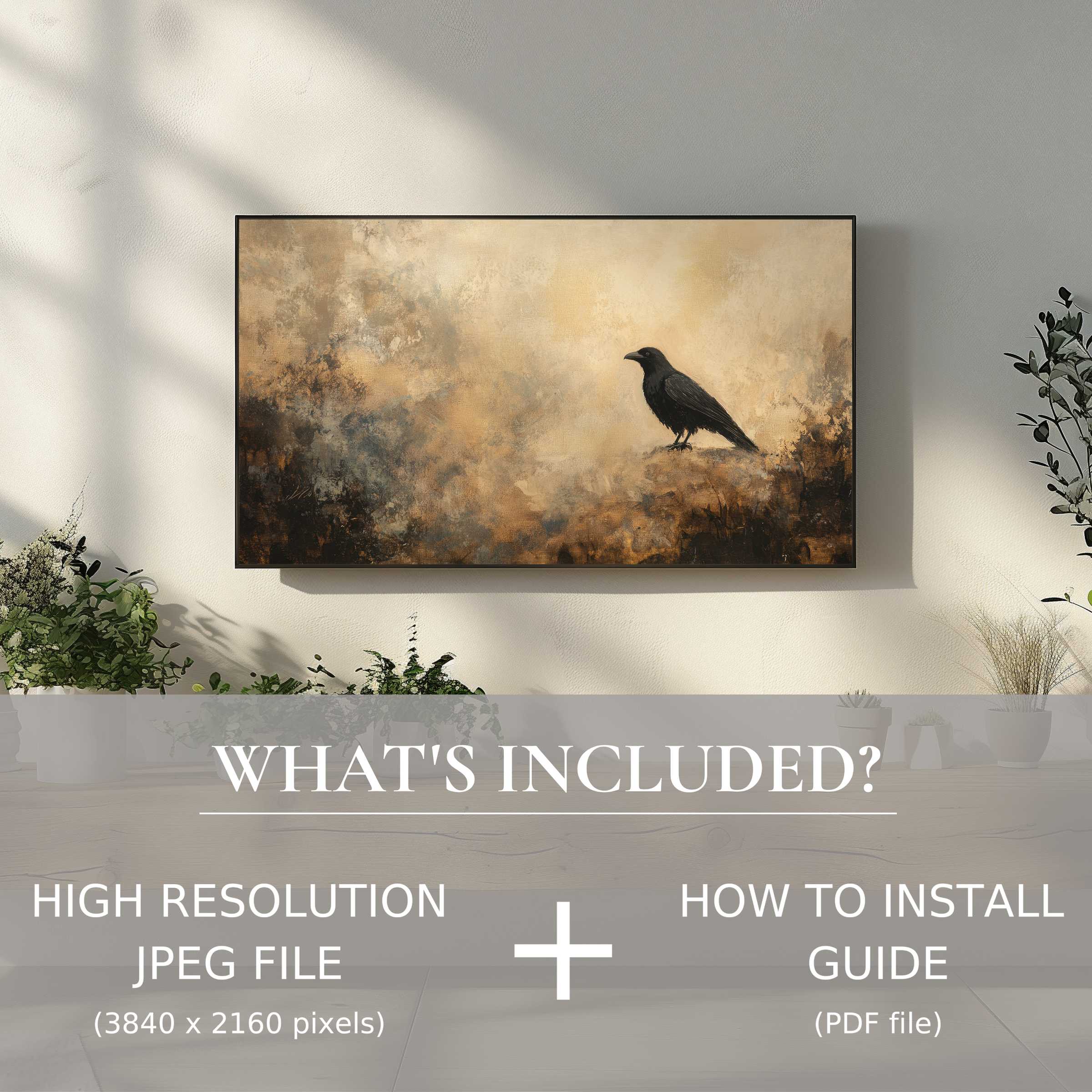 Elegant living room display featuring a halloween digital TV art download, enhancing decor with easy digital use