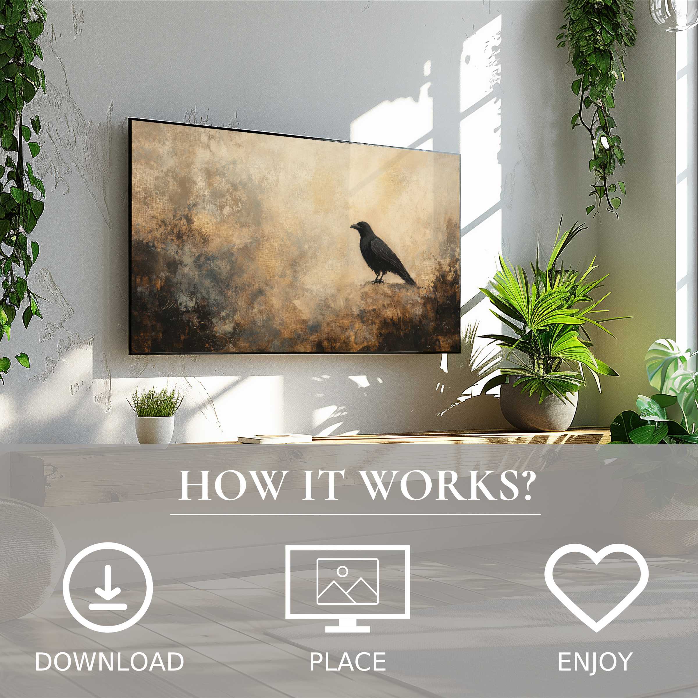 Modern living room with easy digital download Halloween art for Samsung TV; abstract misty tones and raven enrich space
