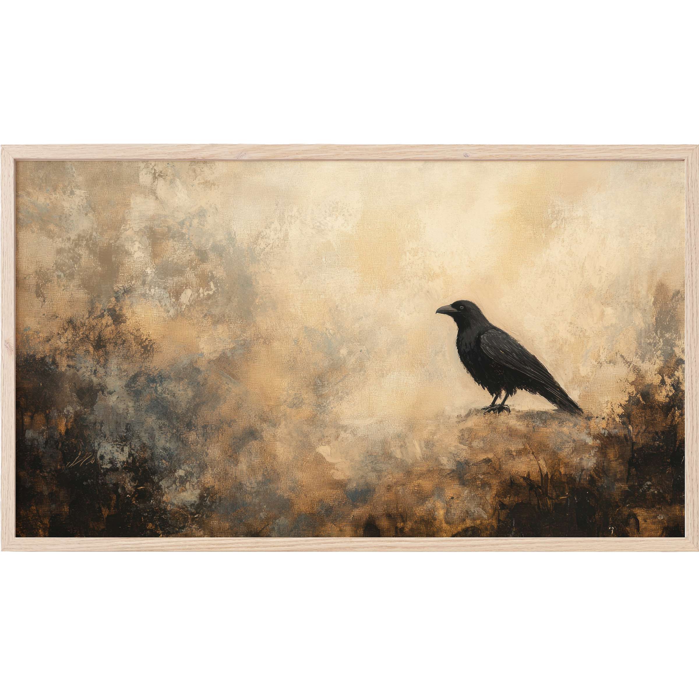 Elegant halloween Frame TV Art featuring a solitary black crow against textured earthy beige and brown tones