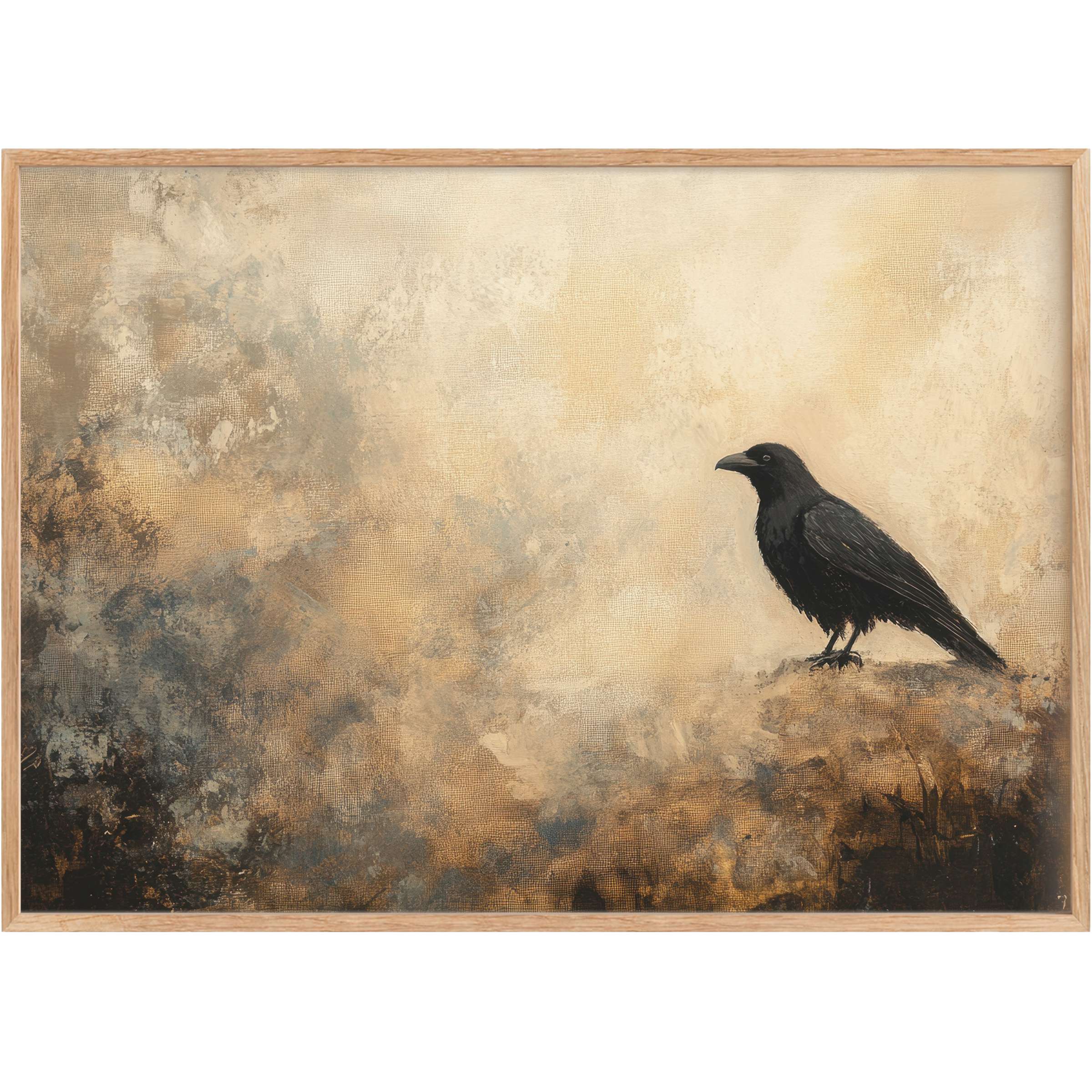 Ethereal halloween printable wall art with a solitary black crow against warm beige and smoky gray, evoking a mysterious, moody ambiance