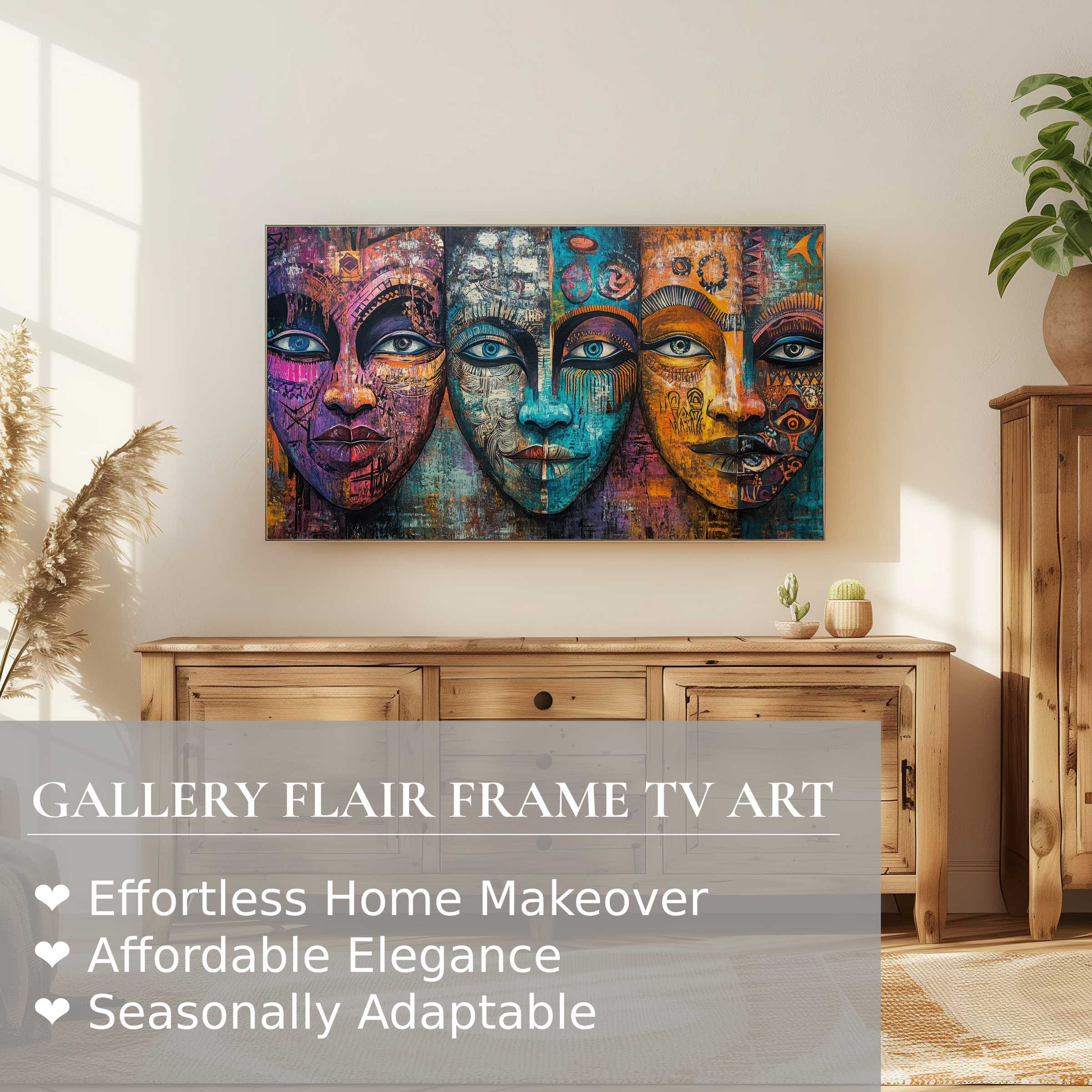 Samsung Frame TV showcasing vibrant boho digital artwork in a sunlit, elegant, modern living room setting