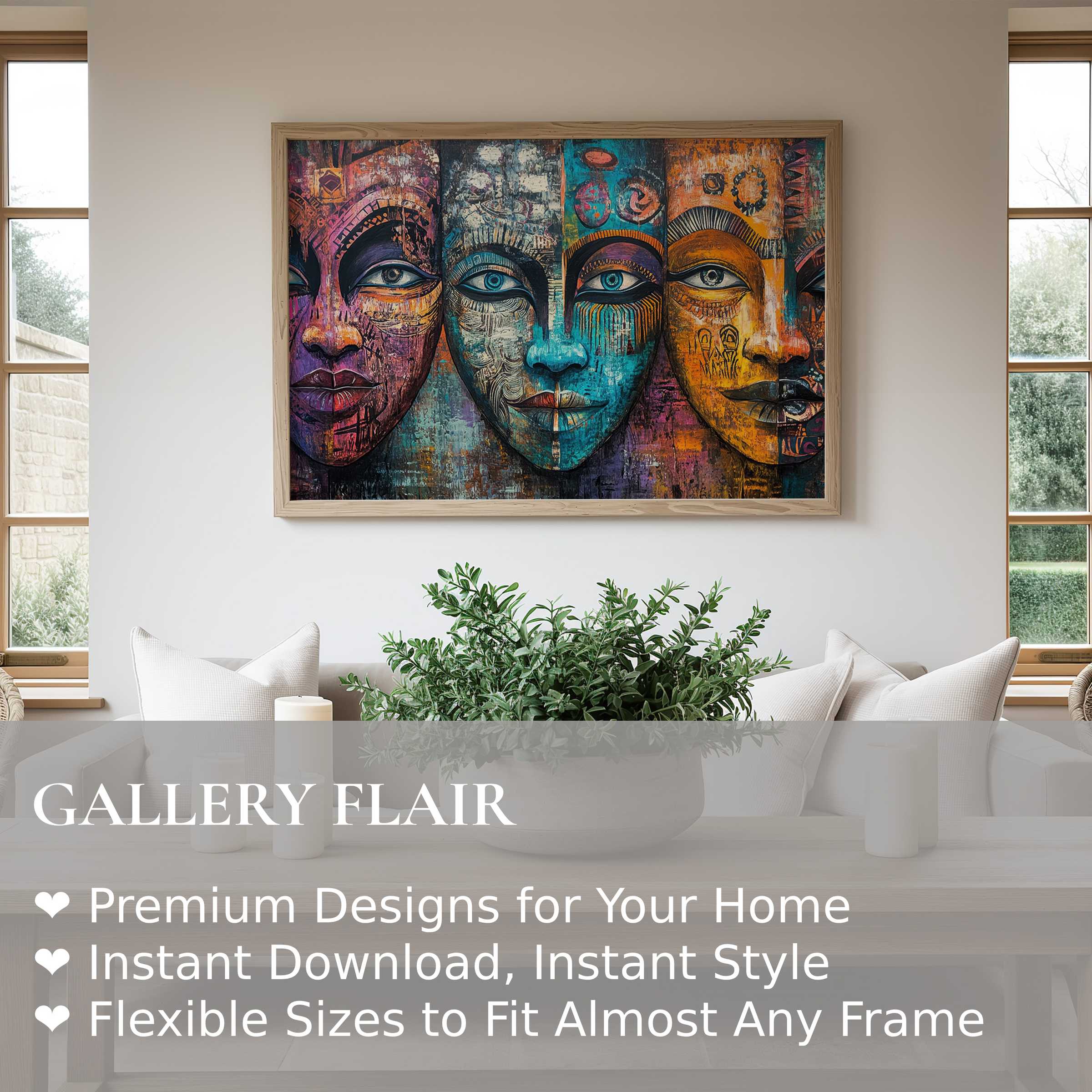Boho wall art print featuring vibrant, textured tribal faces in a serene, modern living space, elevating eclectic, contemporary decor