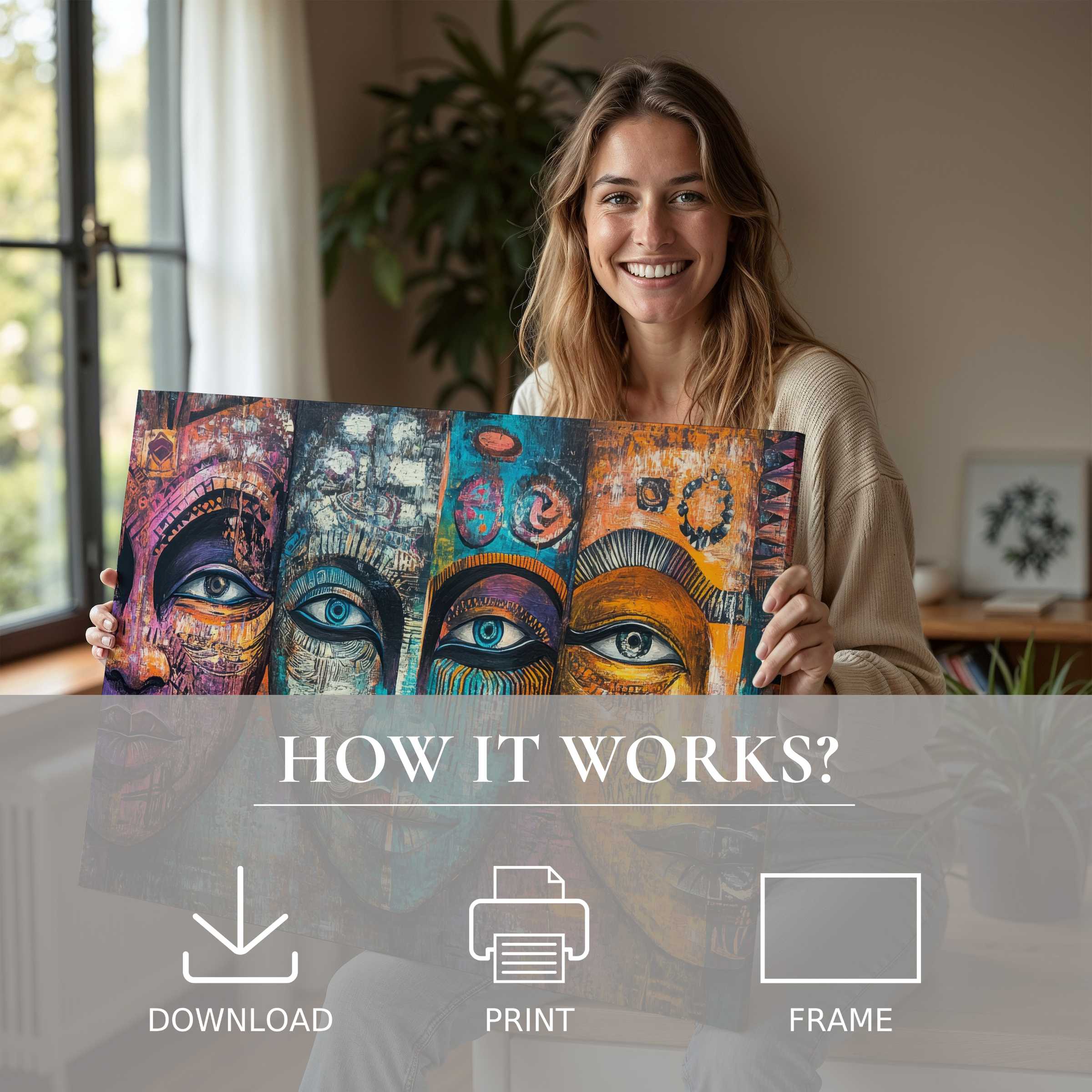 Boho digital art print radiates warmth and connection in a stylish home, effortlessly elevating everyday moments with vibrant, soulful expression