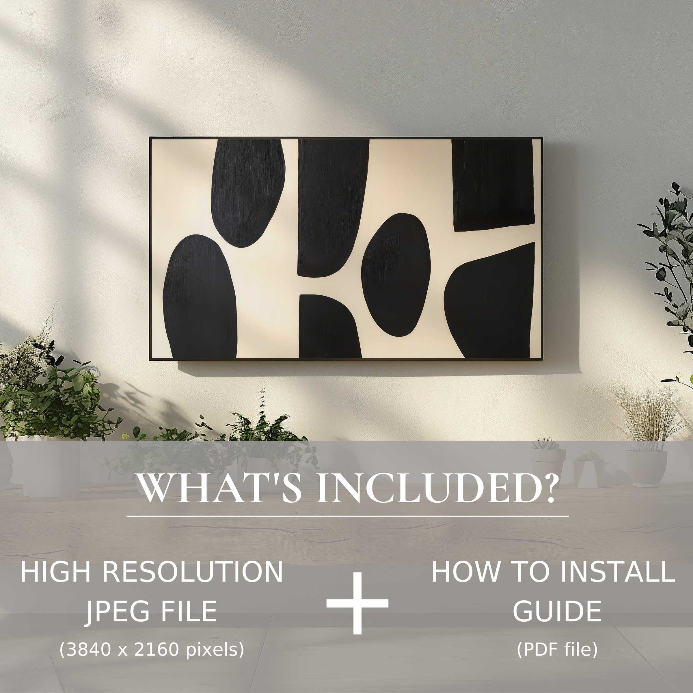 Abstract digital TV art download with bold shapes enhances modern spaces, easy digital file for stylish home decor