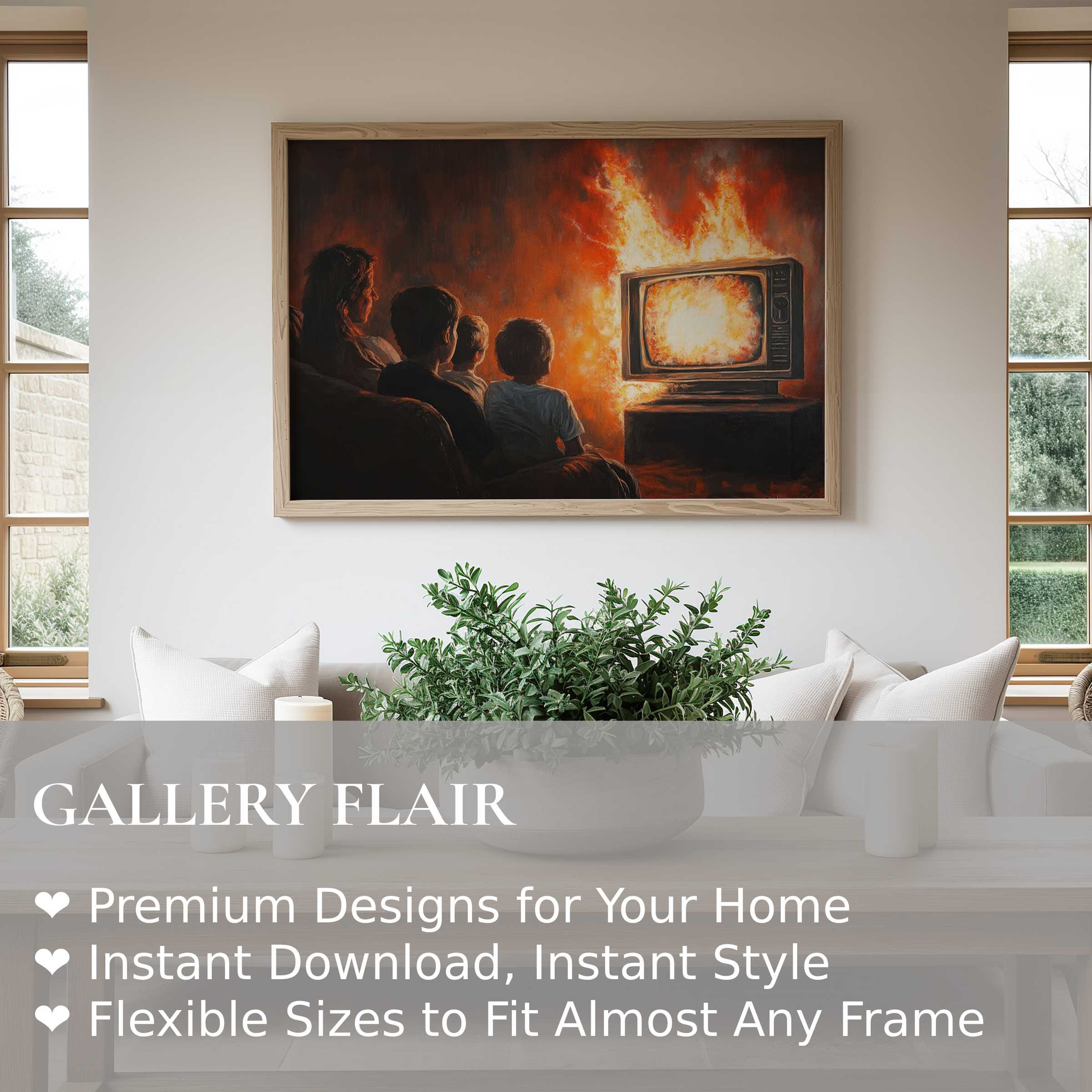 Bold street art wall art print featuring a fiery TV scene with contemplative figures, enriching contemporary minimal interiors