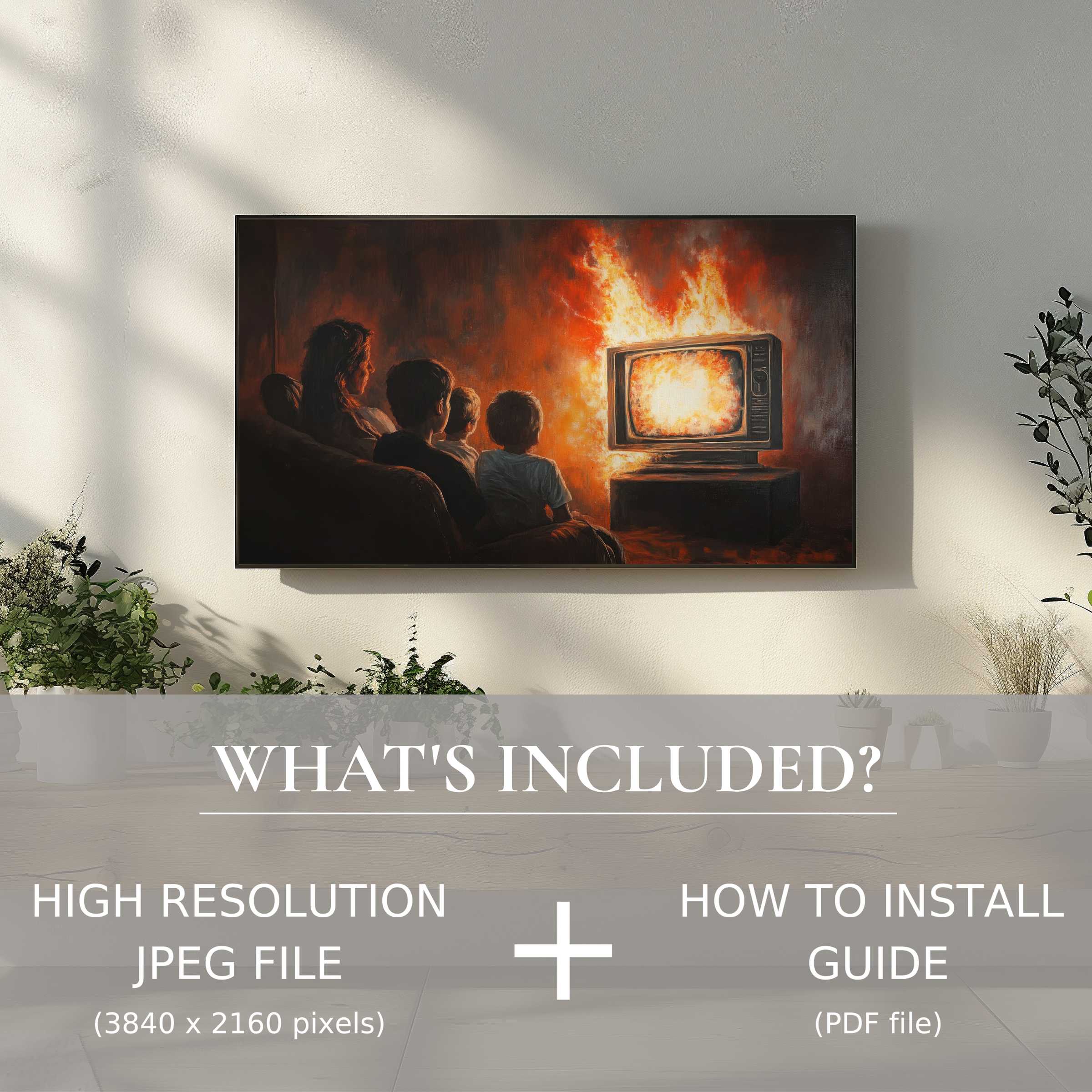Stylish living room showcases street art digital TV art download; easy digital use enhances any modern space instantly