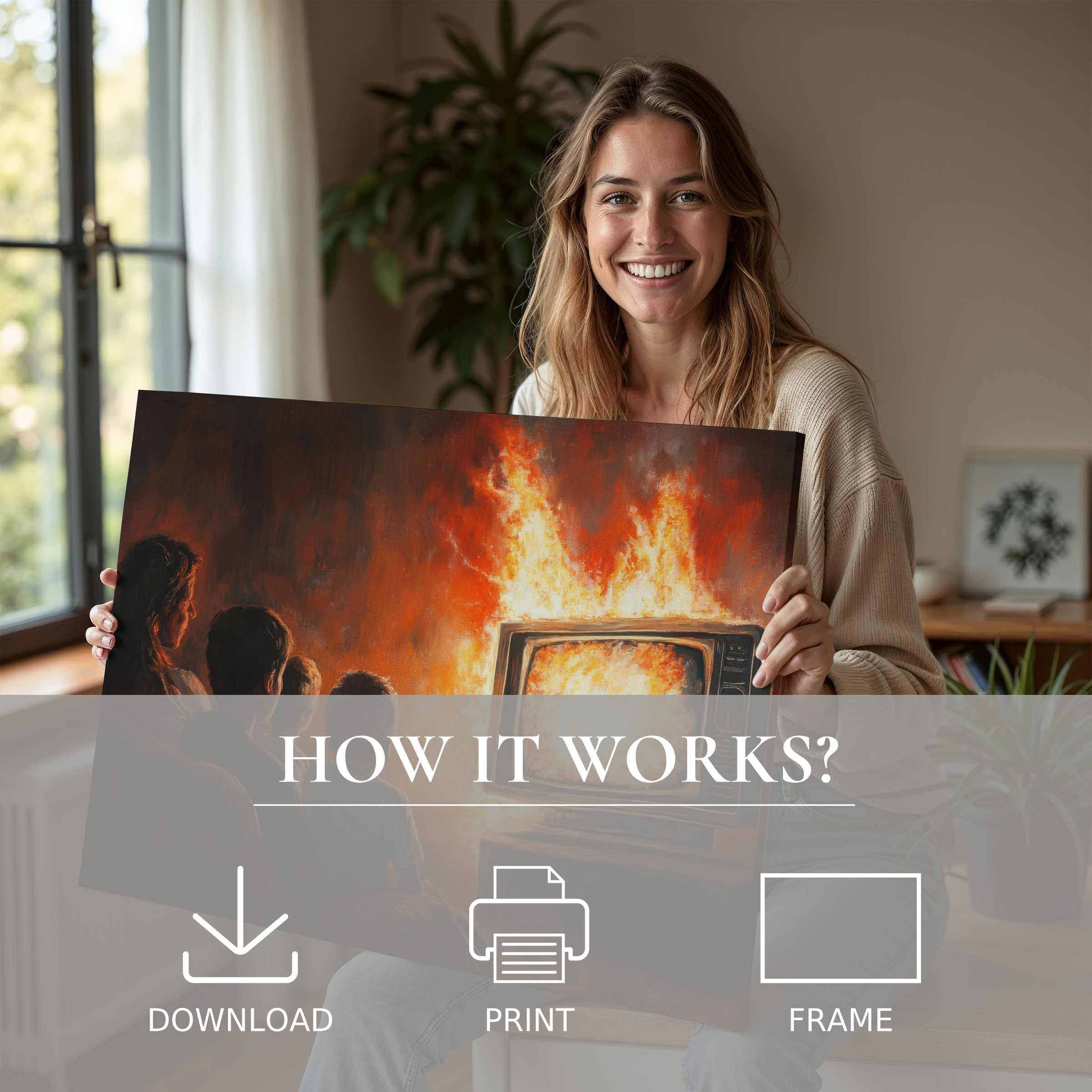 A joyful moment unveiling a vivid street art digital art print, enriching modern living with effortless, inspiring decor