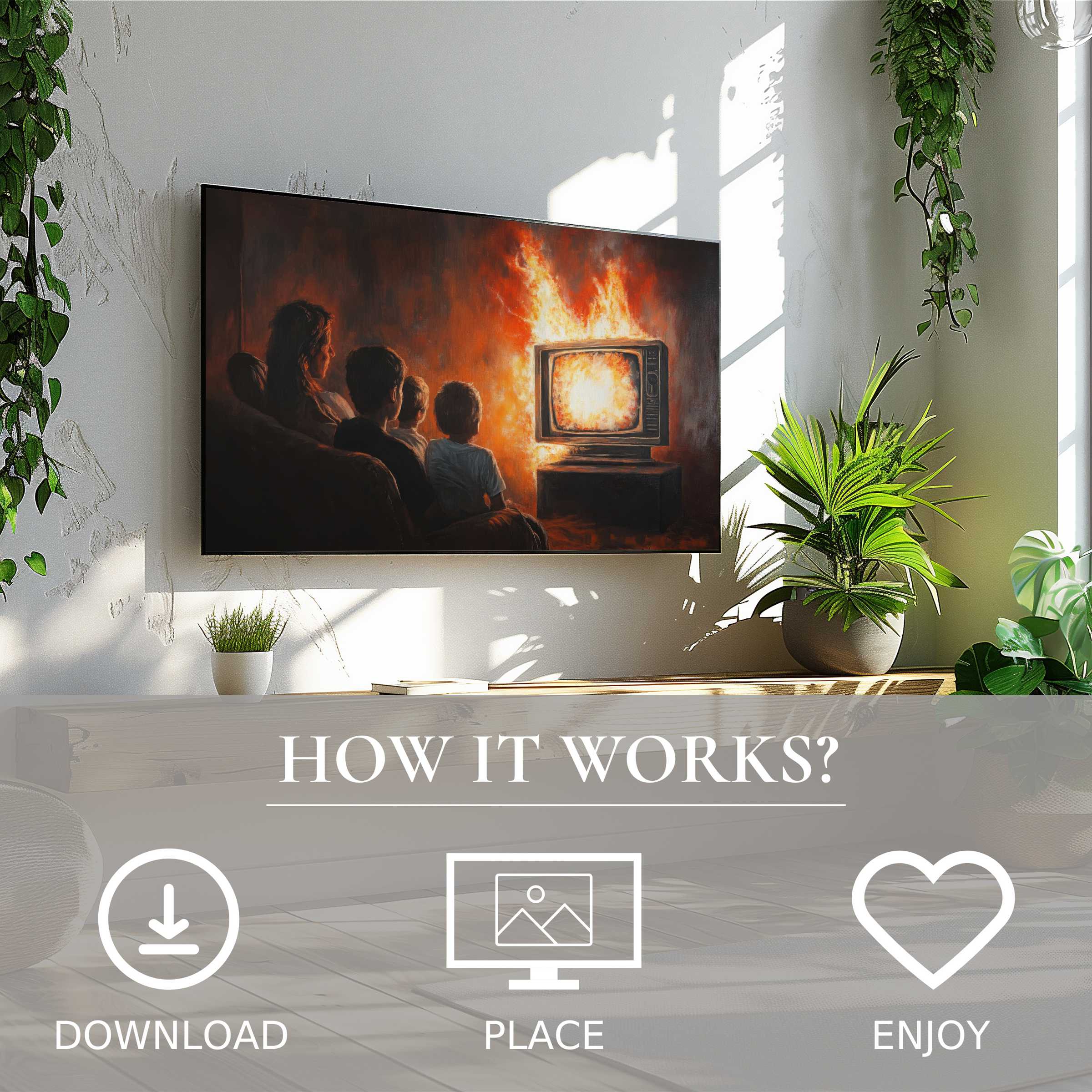 Modern living room with vibrant fire motif on Frame TV; easy digital download street art for Samsung TV enhances space