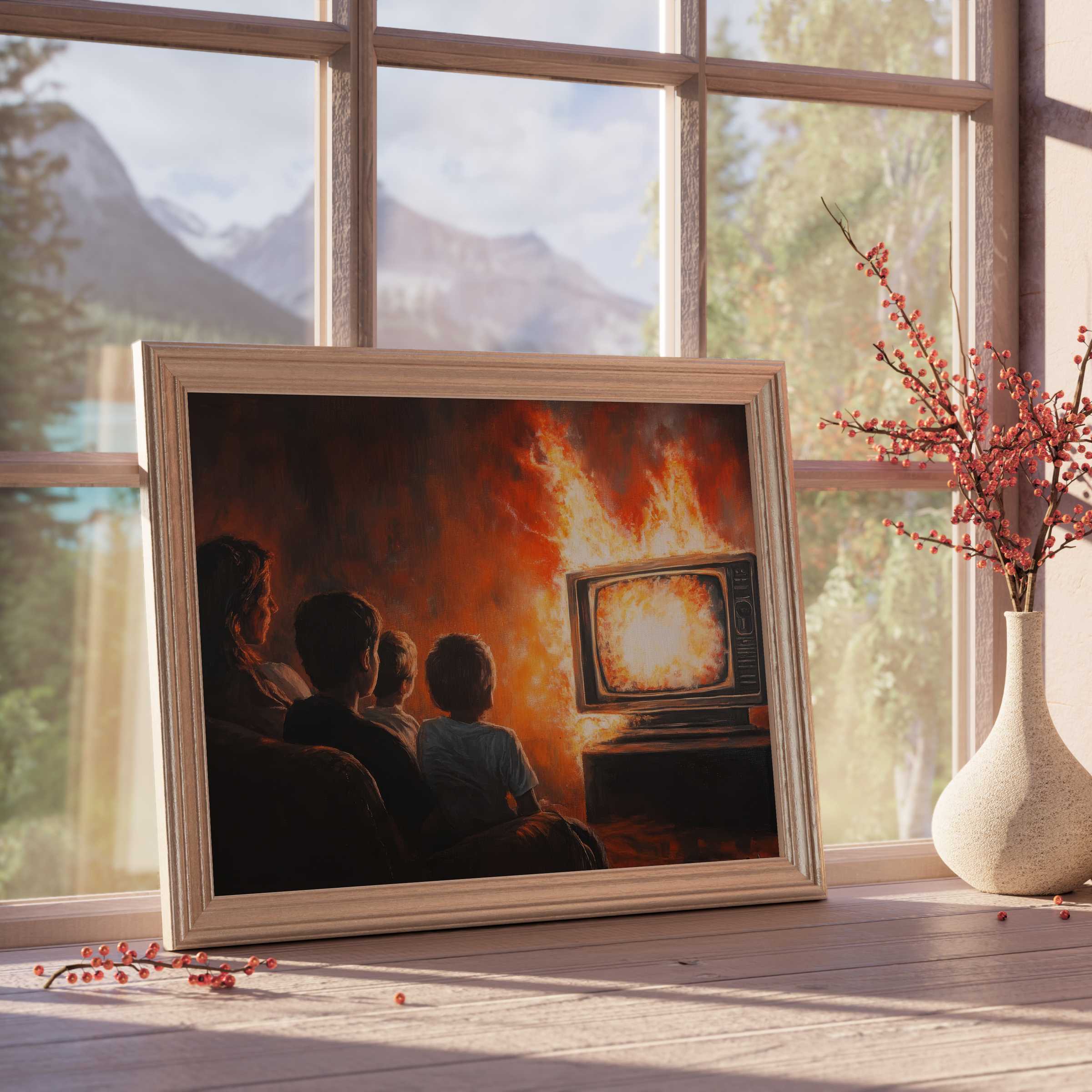 Captivating street art downloadable art depicting a family absorbed in a fiery TV glow, enriching curated interiors with warm, dramatic ambiance