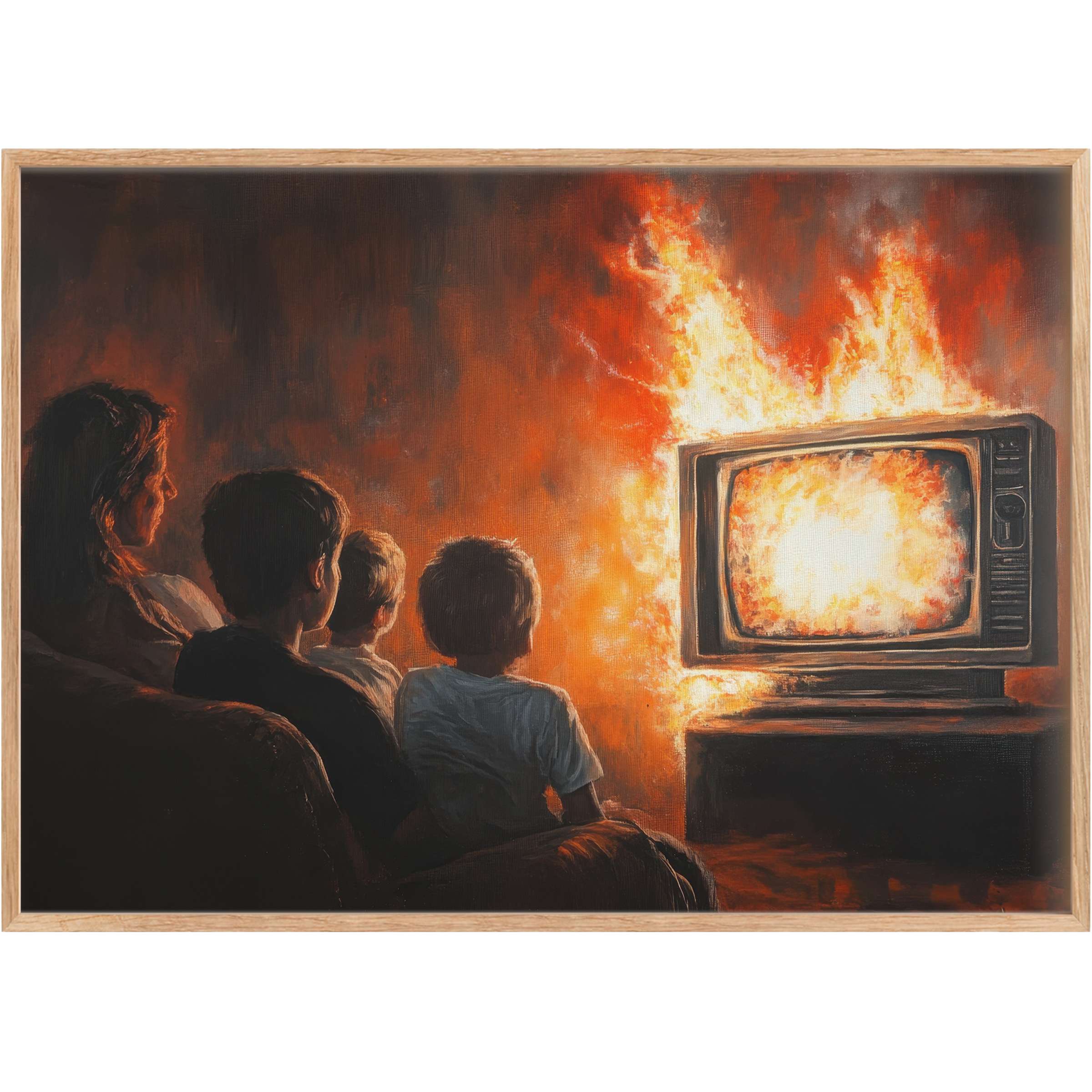 Bold street art printable wall art capturing an intense, fiery glow in deep oranges and blacks, evoking raw emotion and striking contrast