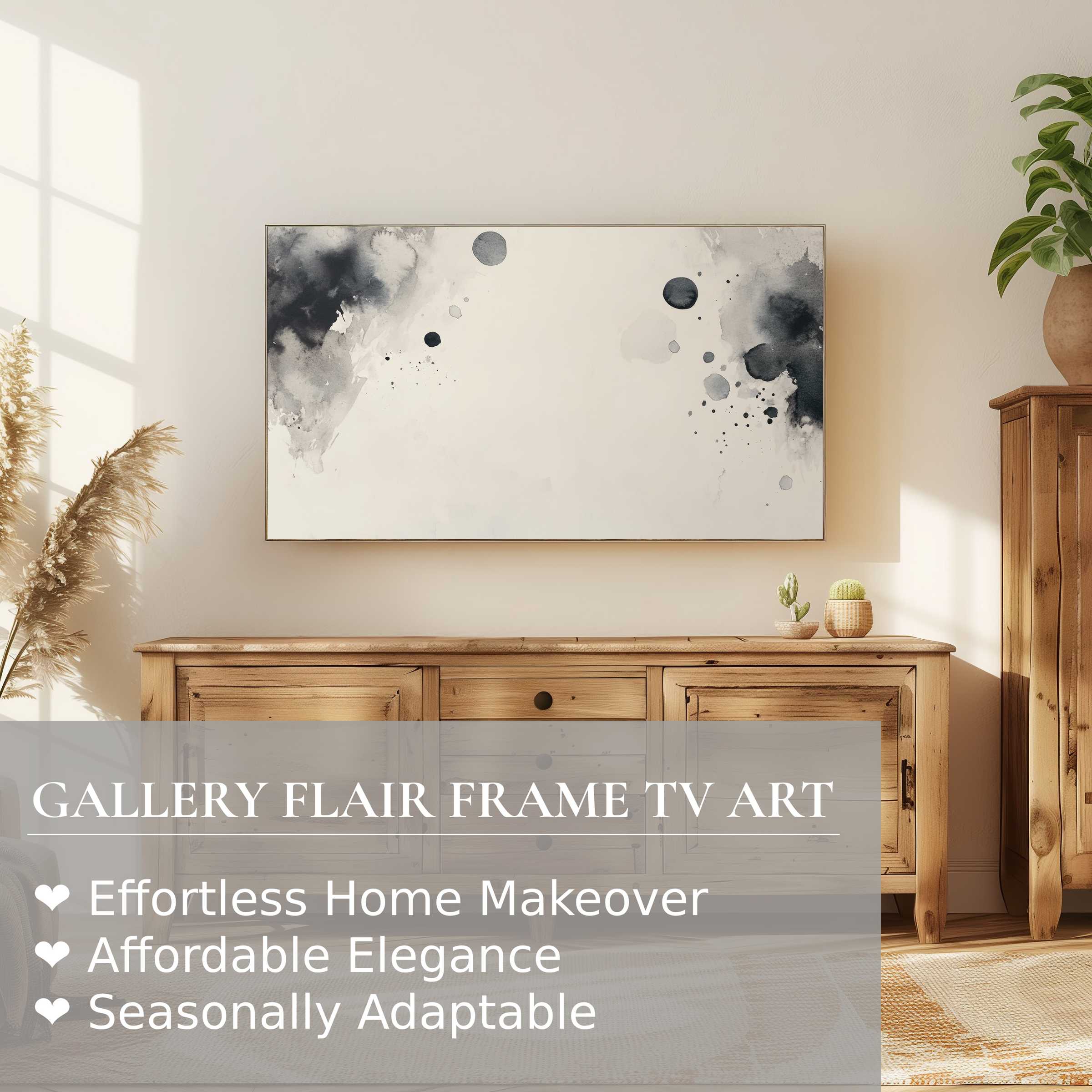 Samsung Frame TV showcasing minimalist black and white digital artwork in a warm, elegant home setting