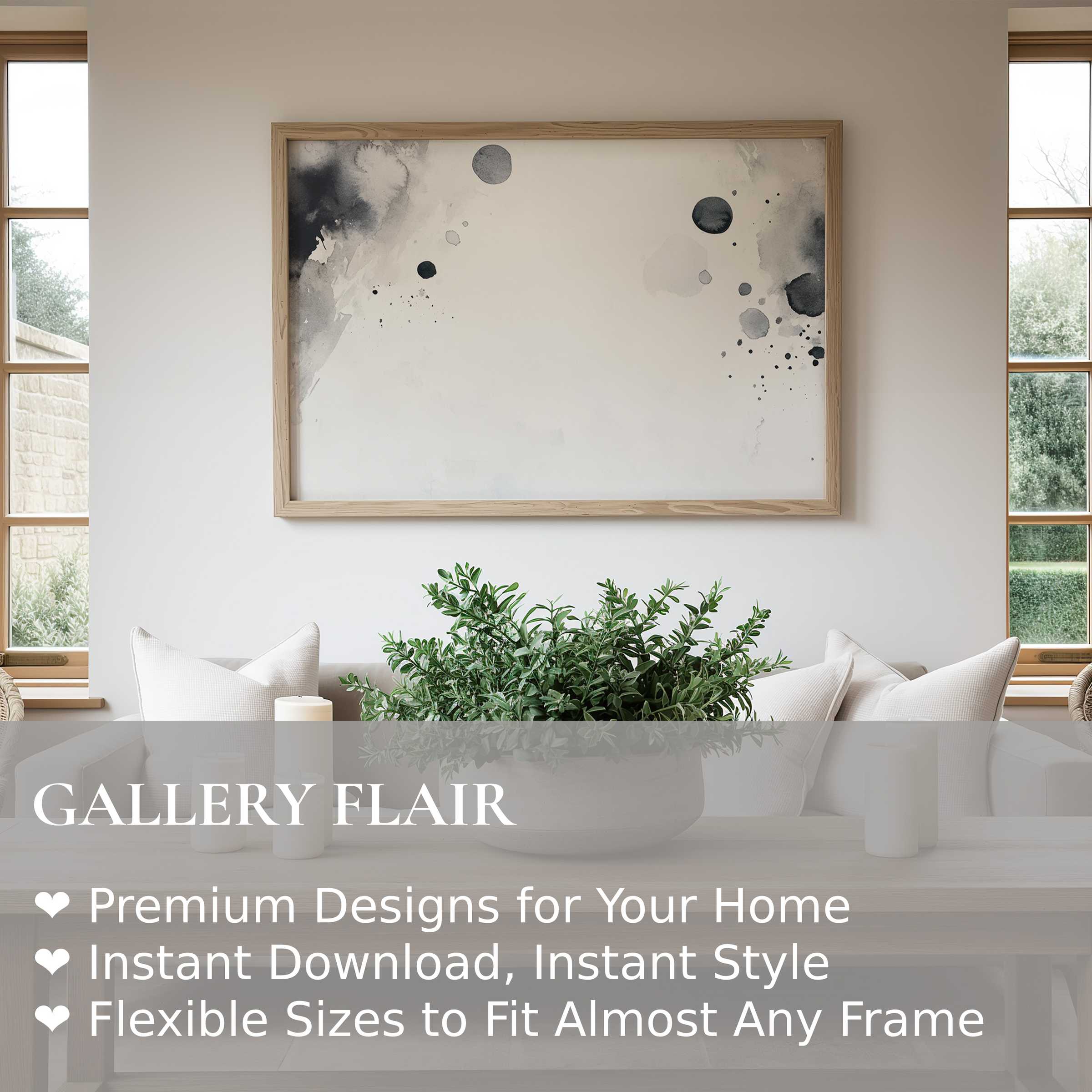 Elegant black and white wall art print with fluid ink splashes, enhancing serene modern interiors with subtle, refined contrast