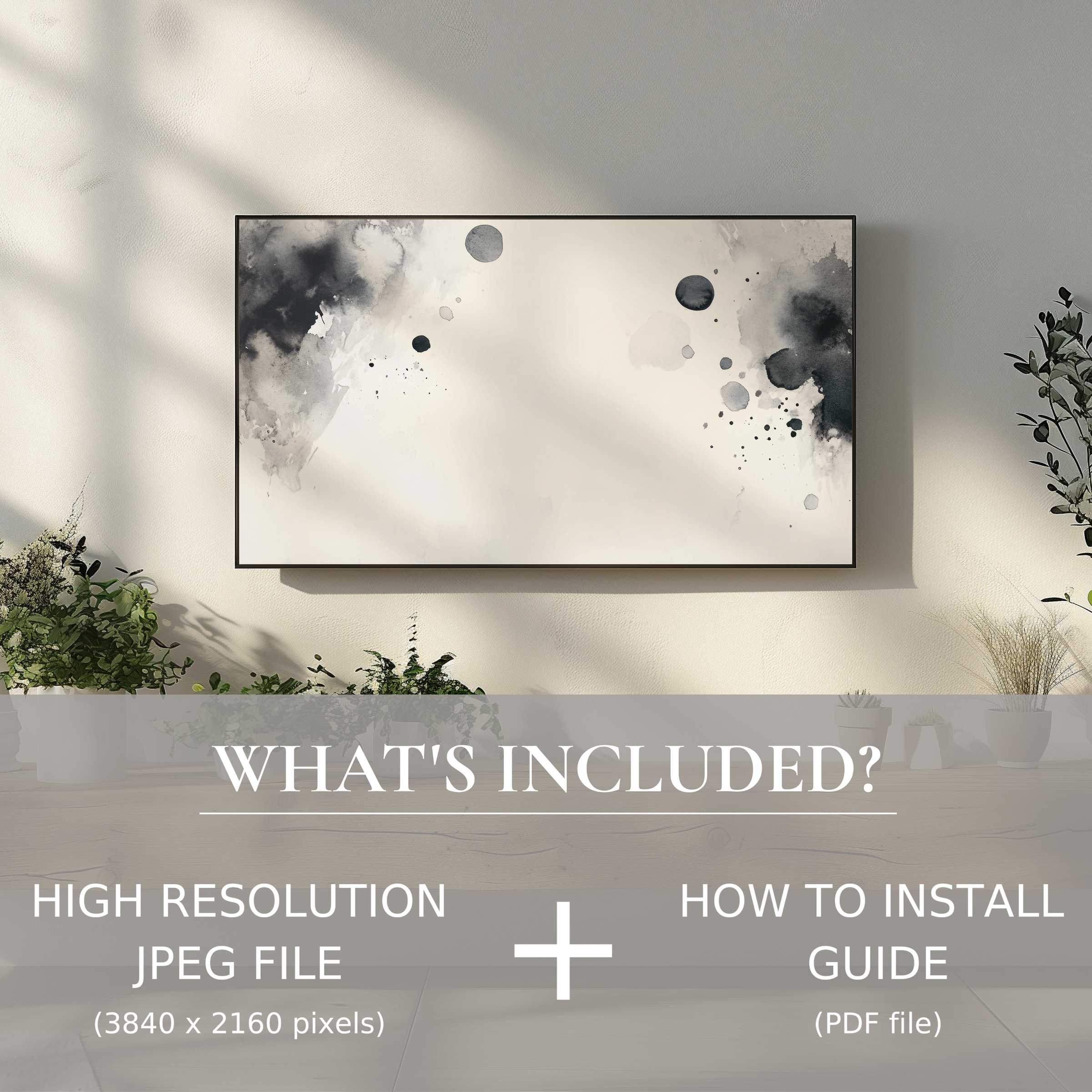 Elegant black and white digital TV art download enhances modern decor with effortless digital use and subtle natural accents