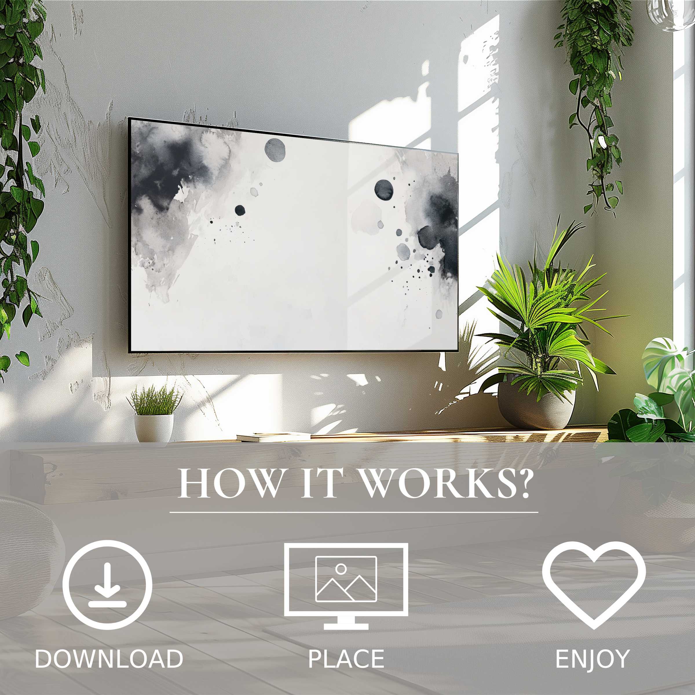 Black and white art for Samsung TV, minimalist ink splash motif, easy digital download enhances modern living spaces
