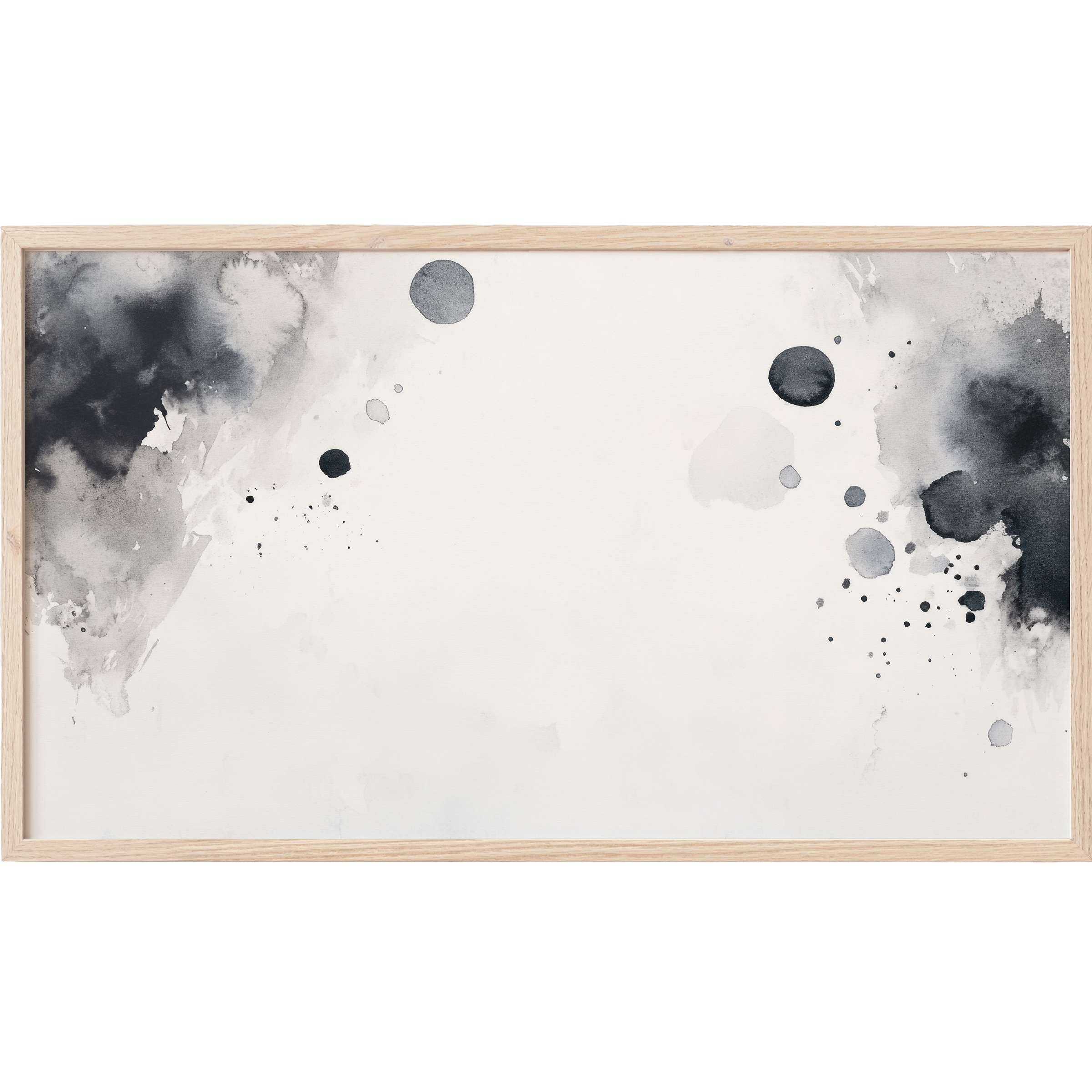 Subtle black and gray ink washes with splatters on white, framed in light wood black and white Frame TV Art