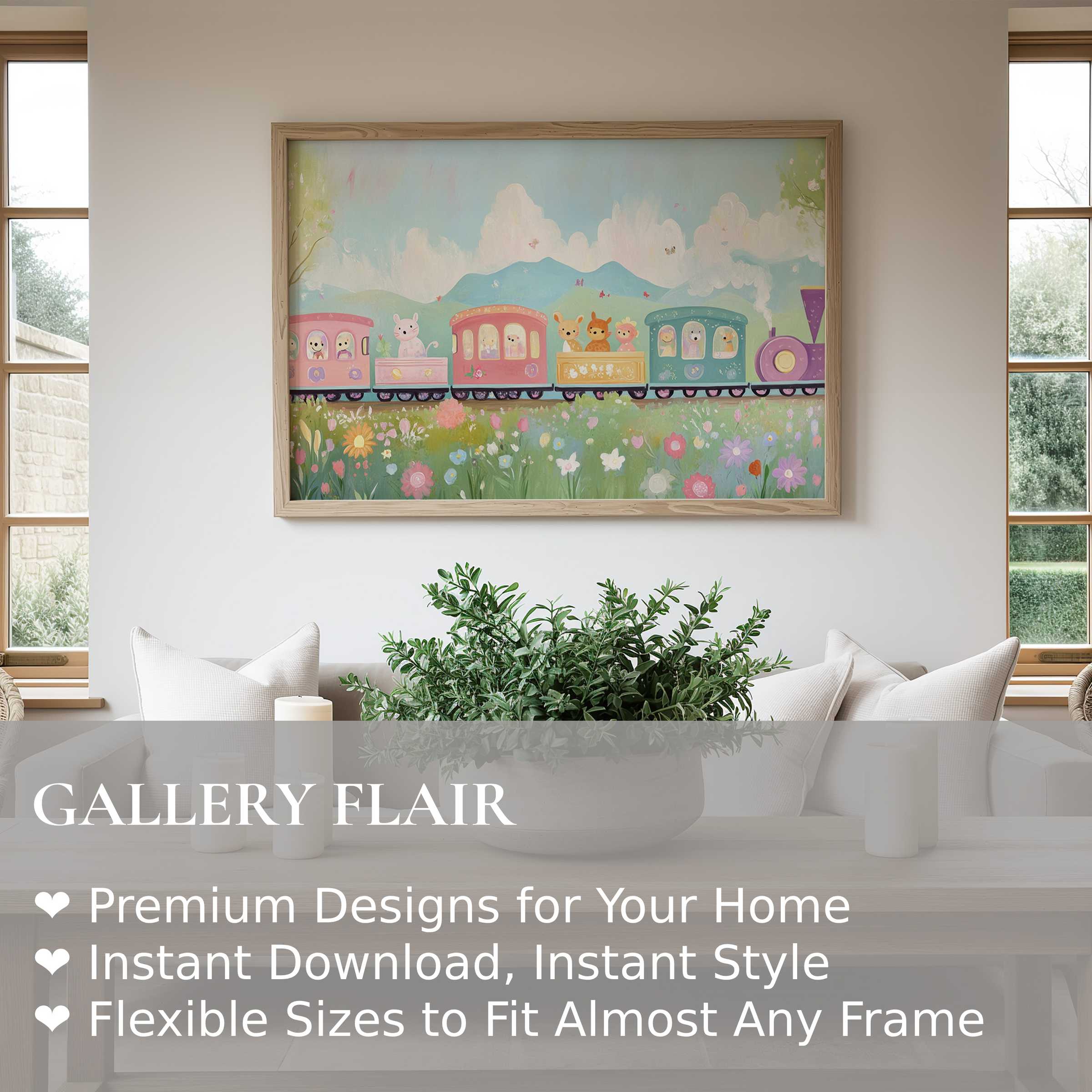 Nursery wall art print featuring a soft, whimsical train with animals and flowers, enhancing serene modern nursery decor