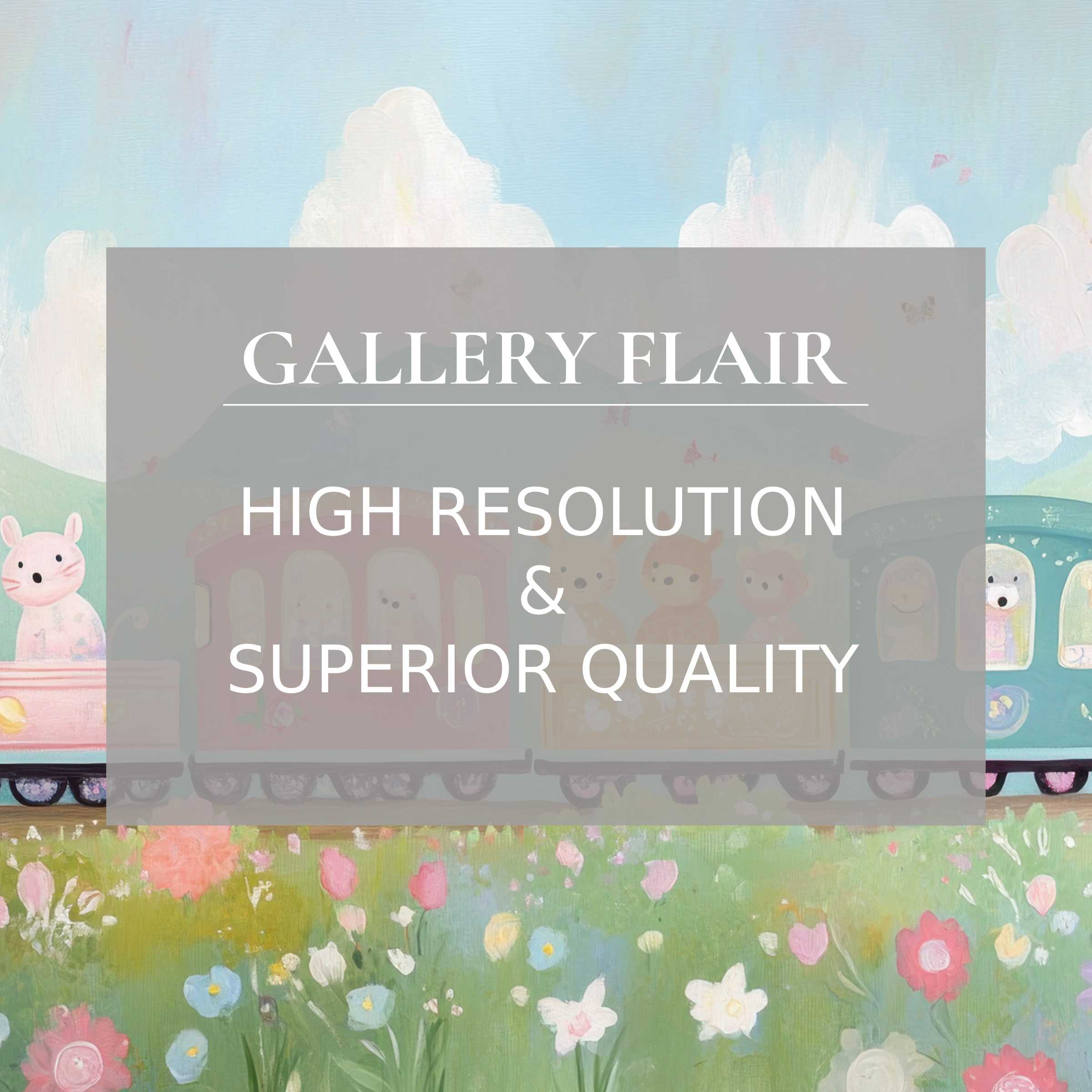 Whimsical nursery printable art featuring a serene pastel train and blooming floral meadow, elevating modern kids’ room decor with refined, high-resolution detail
