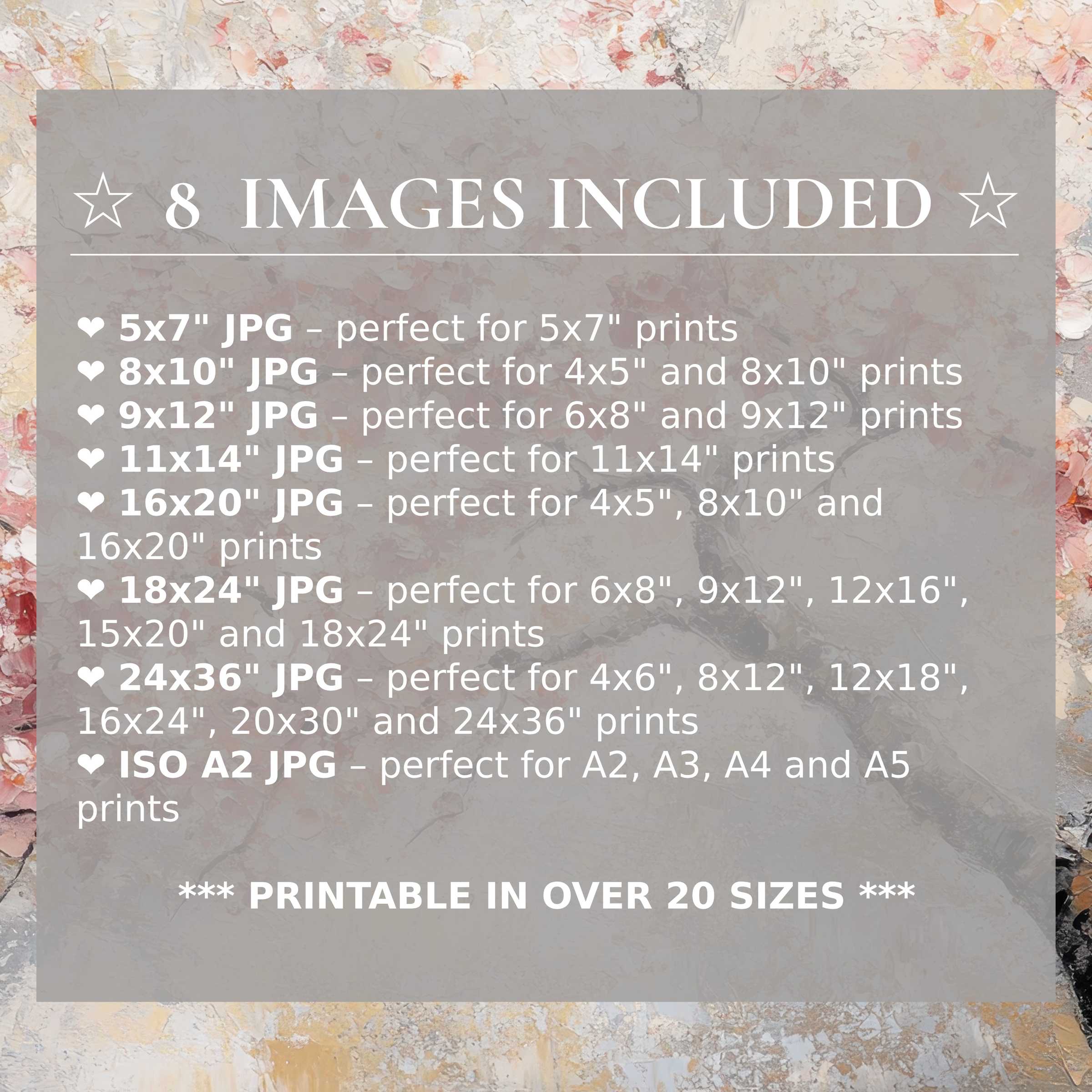 Print size guide showing 8 included JPG formats for versatile wall art printing – perfect for framing in popular sizes from 5x7 to 24x36 and A2