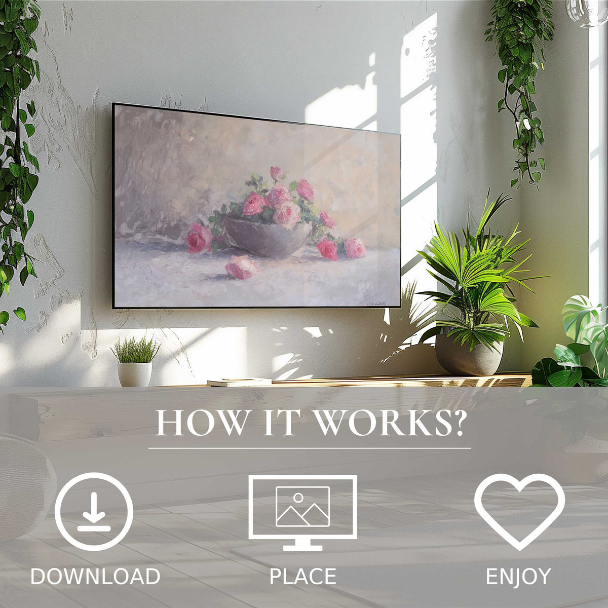 Botanical art for Samsung TV shows soft pink floral still life; easy digital download enriches modern living spaces