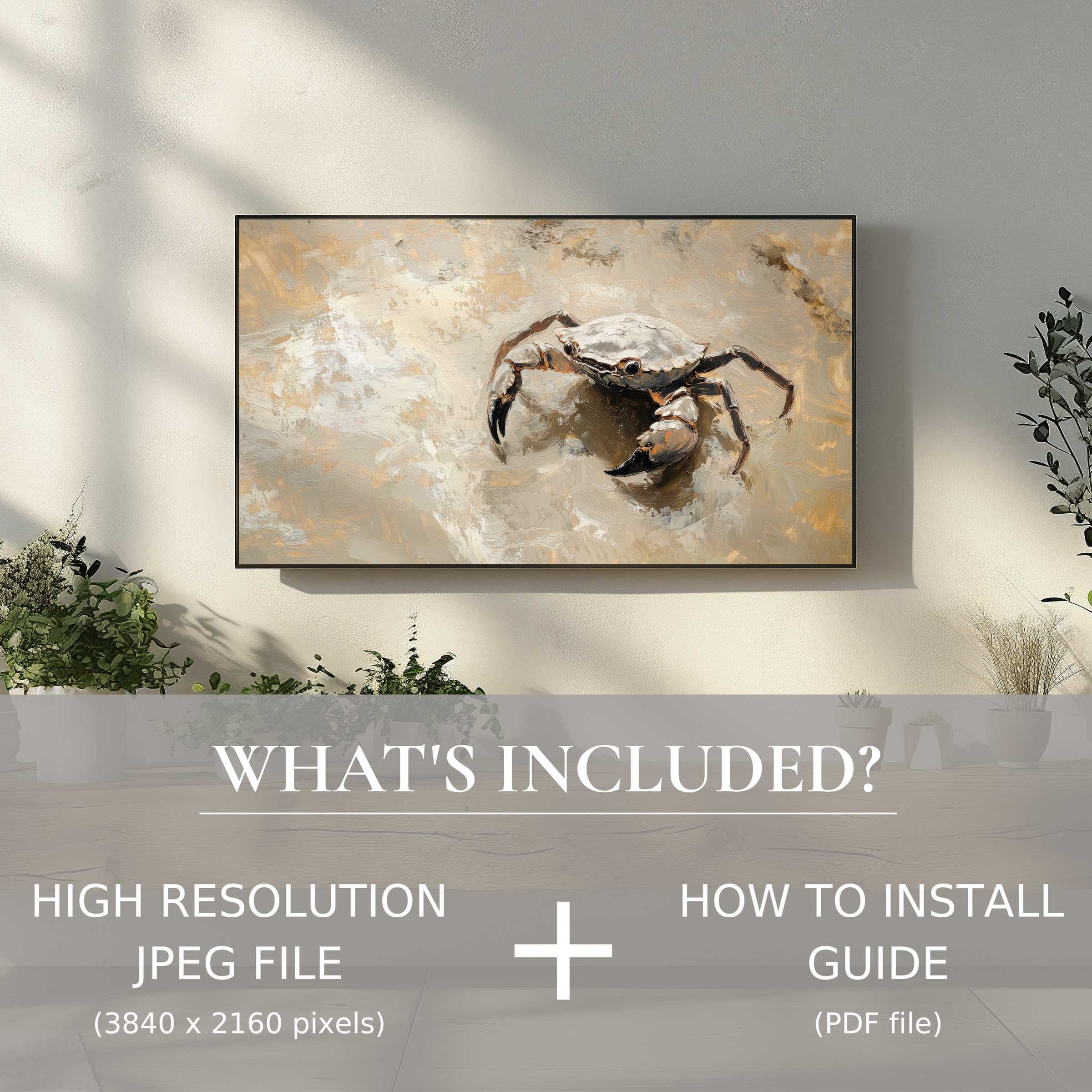Coastal digital TV art download featuring a minimalist crab adds chic charm with easy digital setup in stylish living rooms
