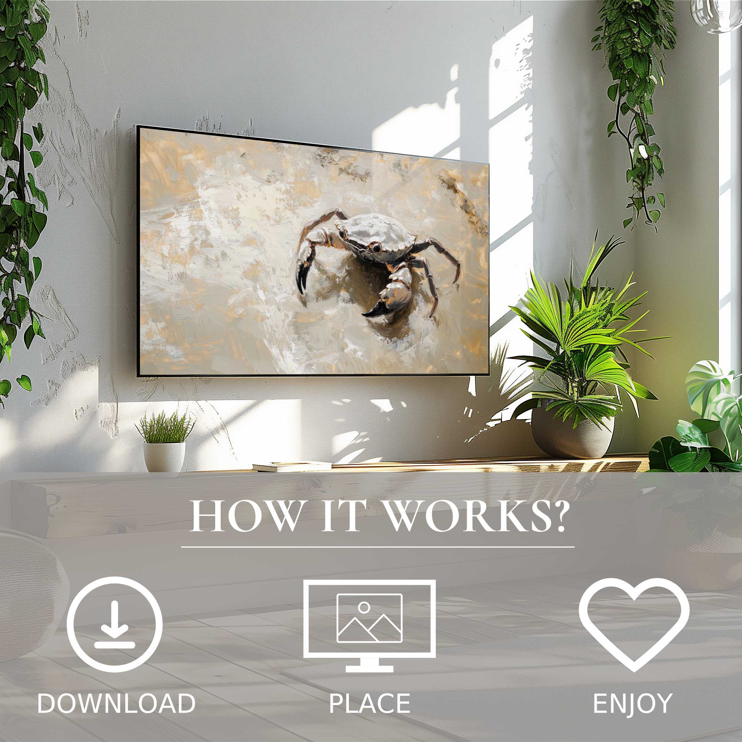 Coastal art for Samsung TV with soft sandy tones and crab motif, easy digital download enriches stylish living spaces