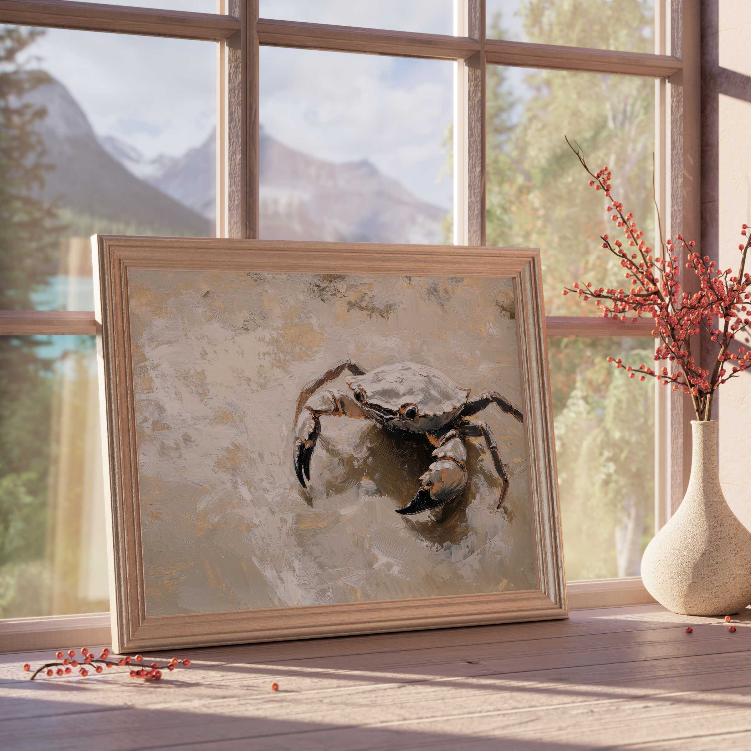 Coastal downloadable art featuring a serene crab in textured neutrals, elevating tranquil, curated beach house interiors
