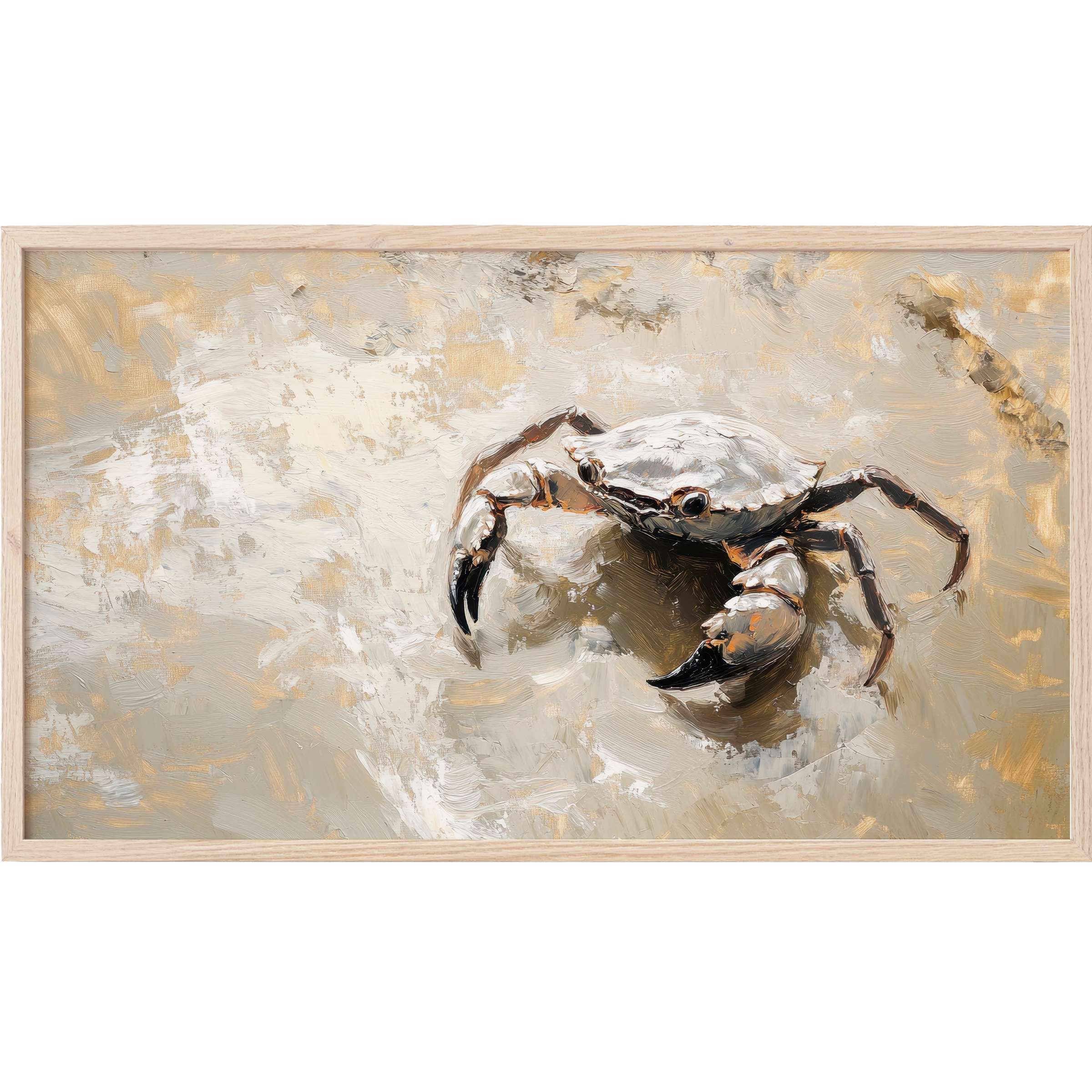 Coastal Frame TV Art depicting a textured crab in muted beige and taupe tones with a modern, elegant style