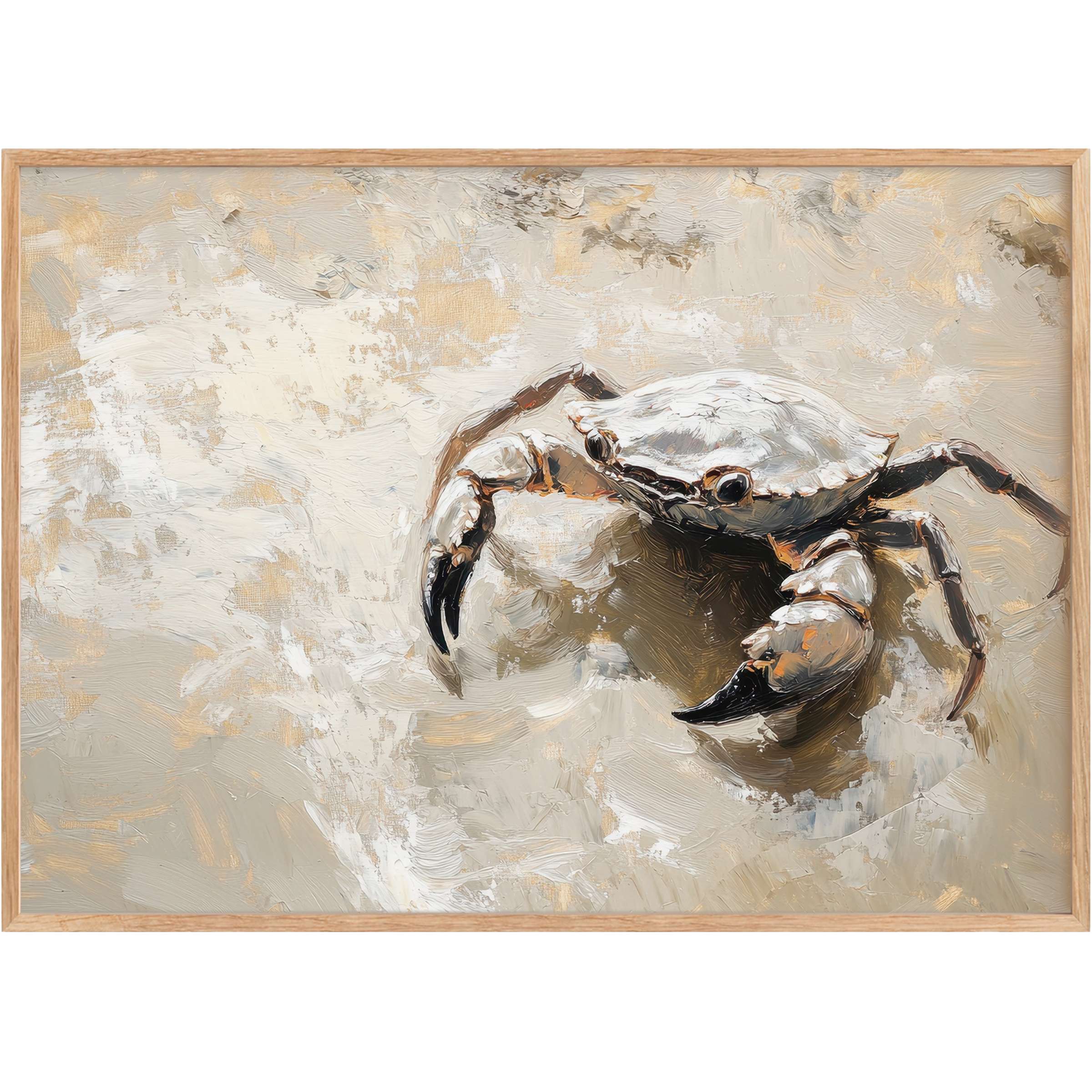 Coastal printable wall art featuring a serene crab in soft taupe and ivory tones, evoking tranquil seaside elegance