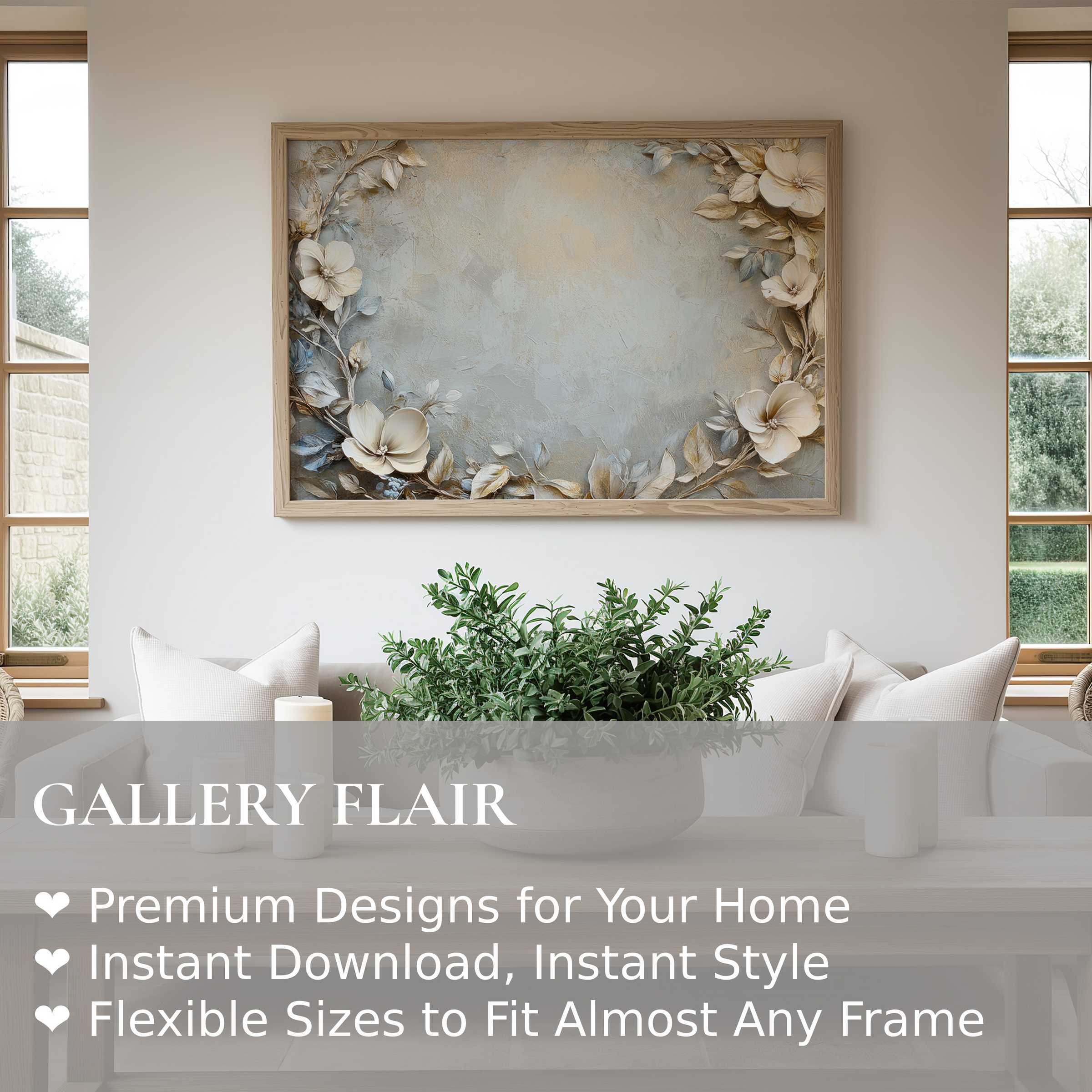 Elegant floral wall art print with soft beige and blue tones, enhancing modern minimalist interiors with serene beauty and timeless charm