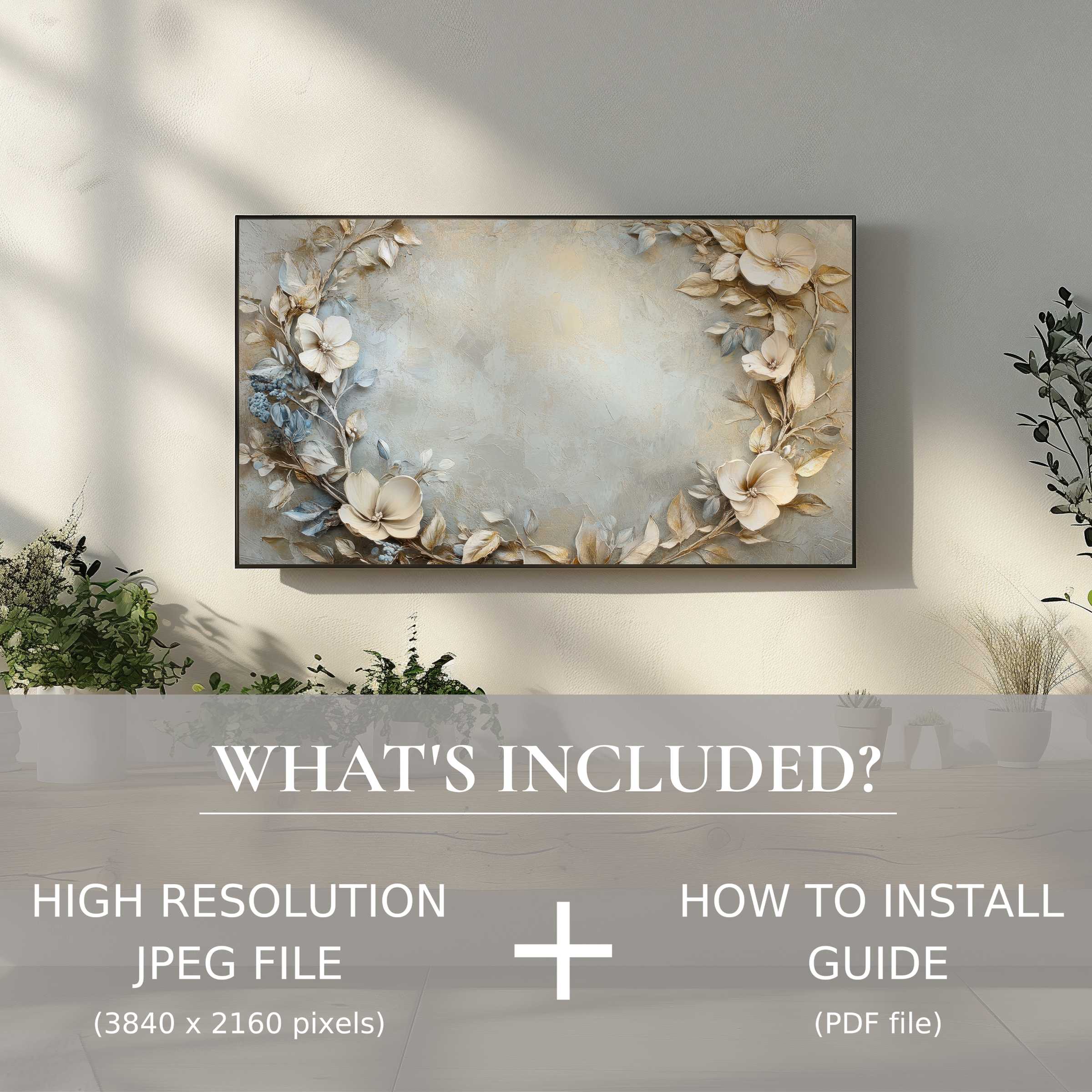 Elegant floral digital TV art download in soft hues, easily enhances living spaces with seamless digital use and style