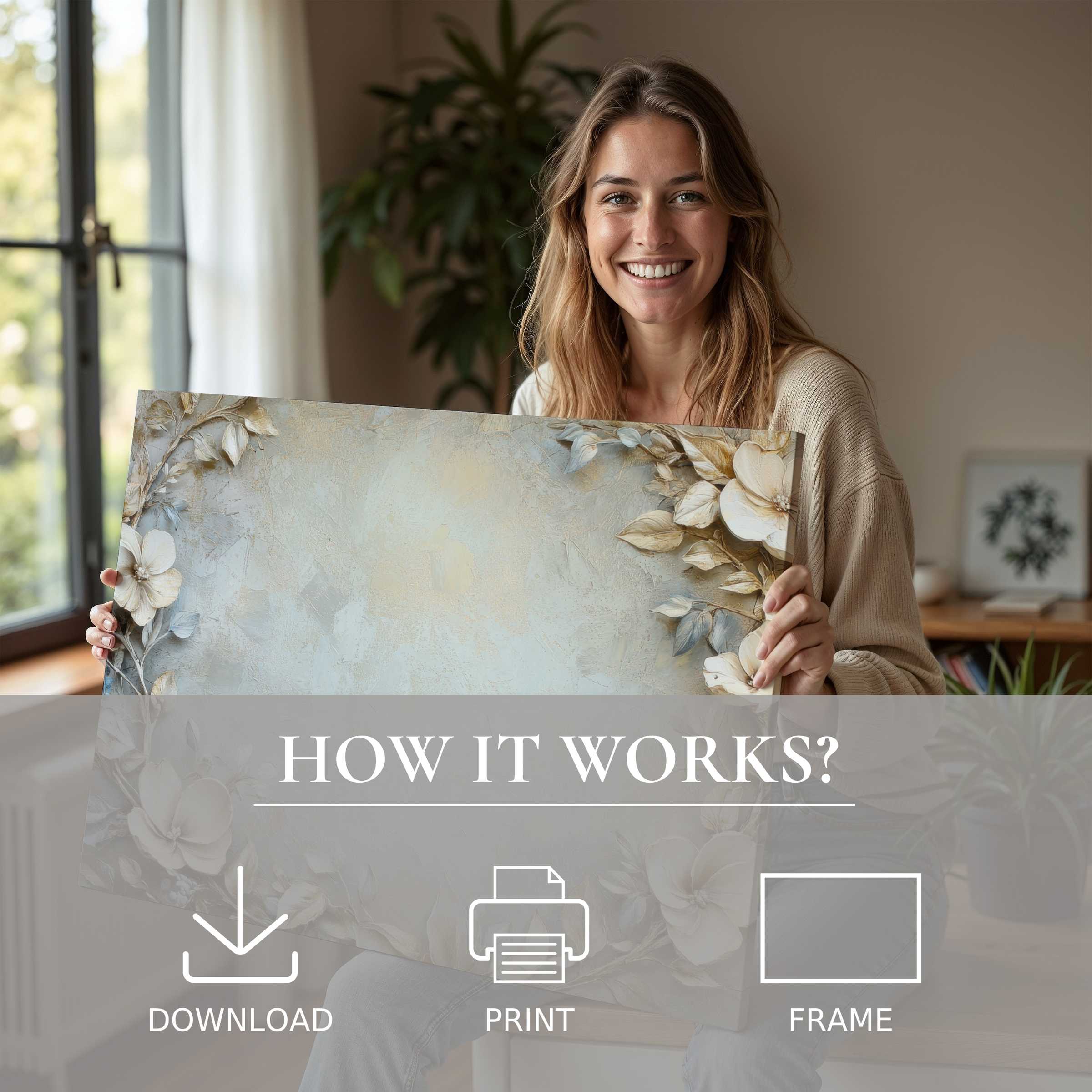 A joyful moment in a modern home where serene floral digital art print brings effortless elegance and heartfelt connection to daily living