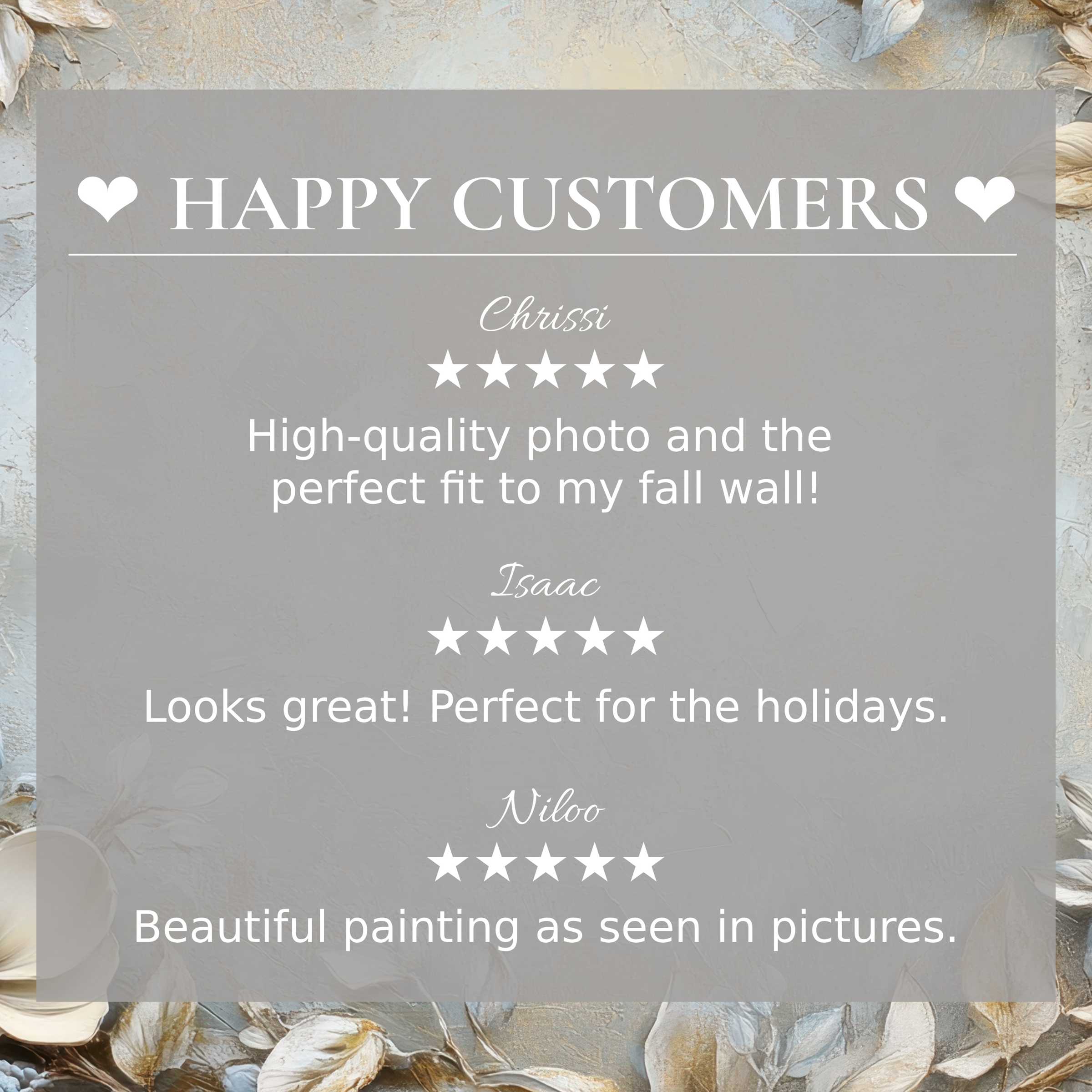 Floral art for Frame TV with abstract textured floral background, showcasing happy customer reviews and elegant design