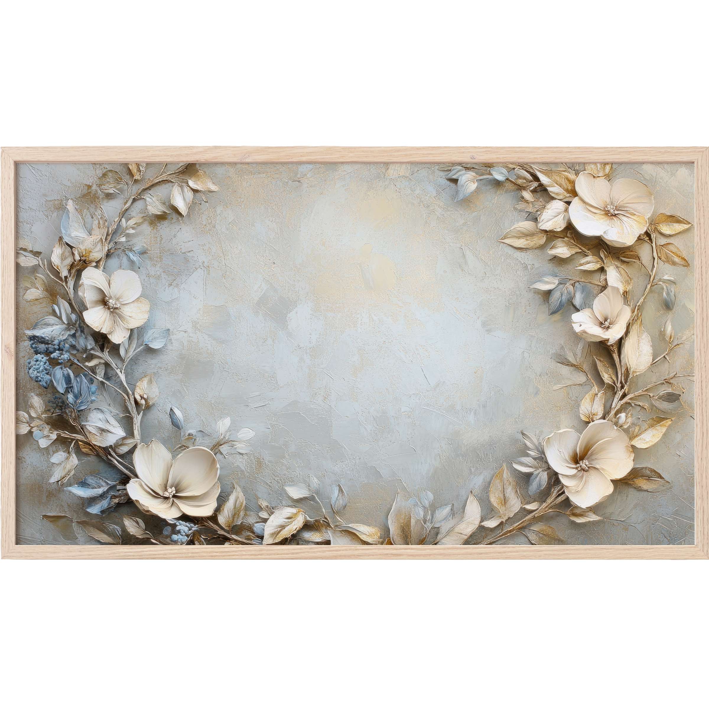 Elegant neutral floral wreath with soft gold and blue tones on textured background, a refined Floral Frame TV Art