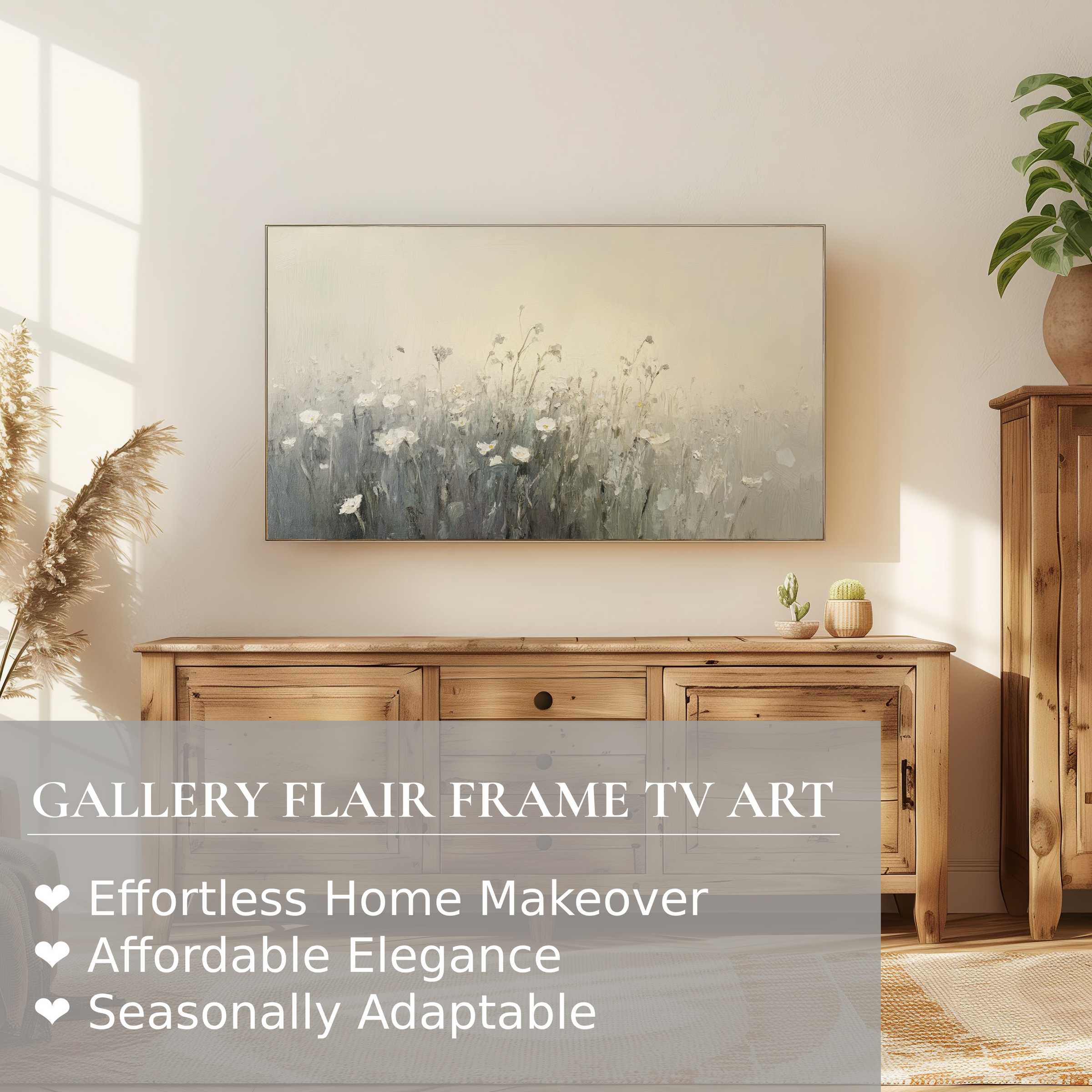 Samsung Frame TV with delicate spring digital artwork in a sunlit, elegant, modern natural wood setting