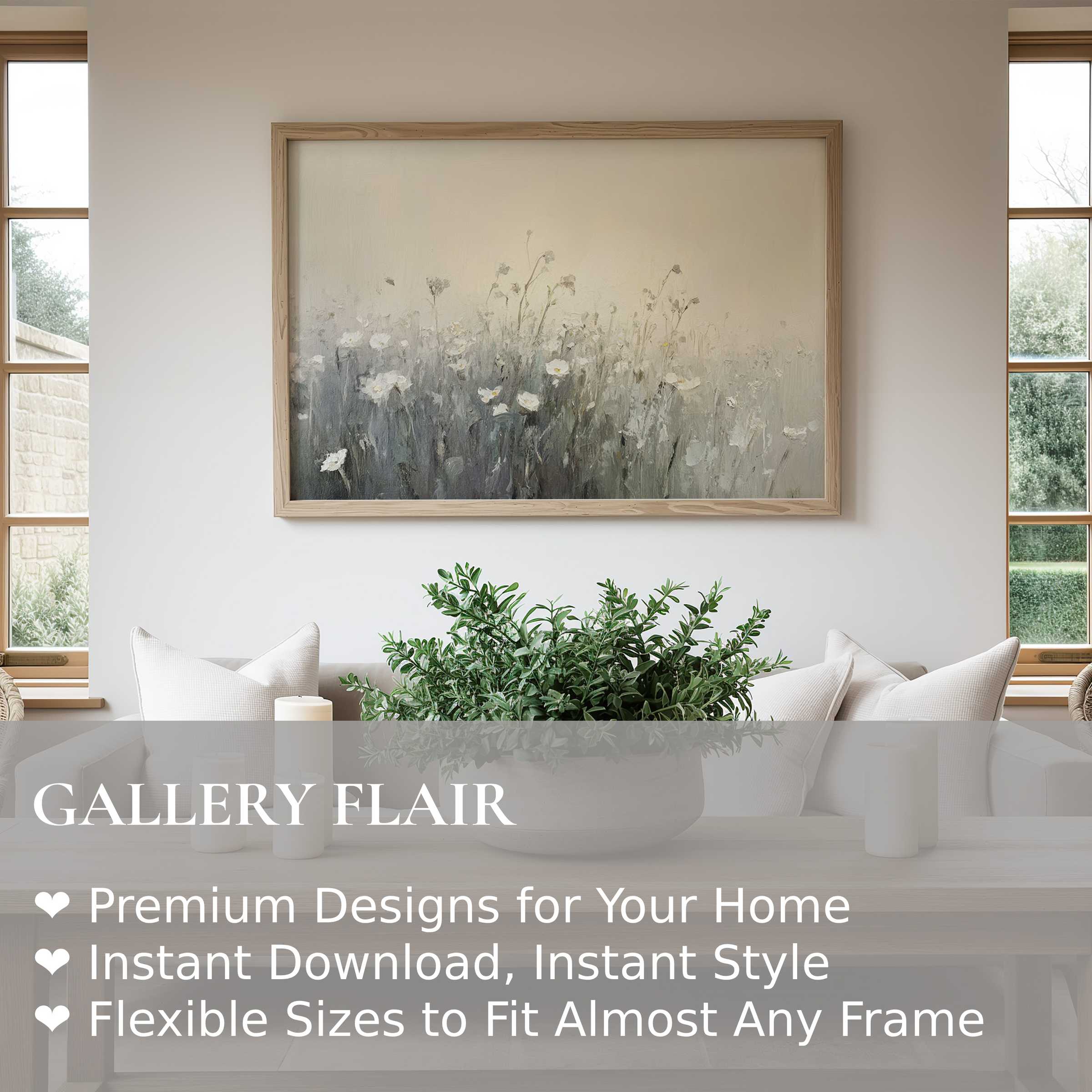 Soft, calming spring wall art print featuring delicate wildflowers in muted tones, elevating serene modern living spaces with elegant botanical charm