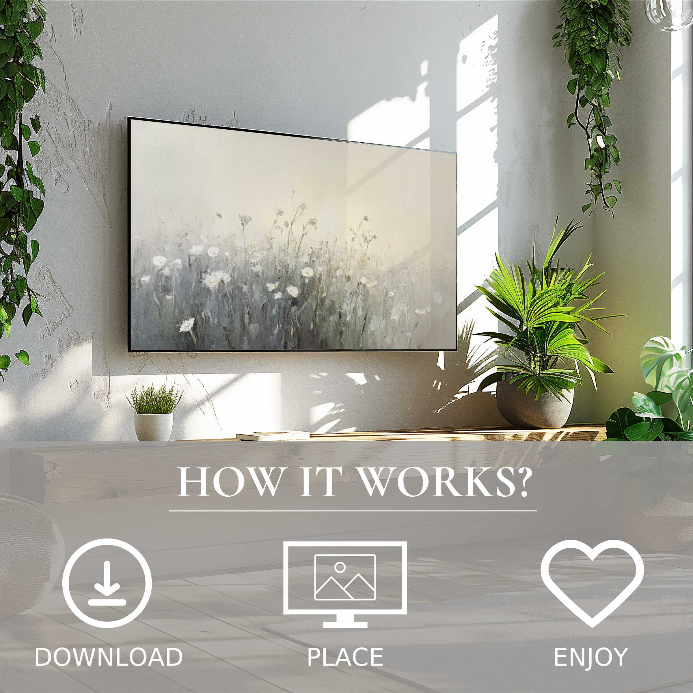 Spring art for Samsung TV showing soft floral tones; easy digital download enriches modern living spaces with calm