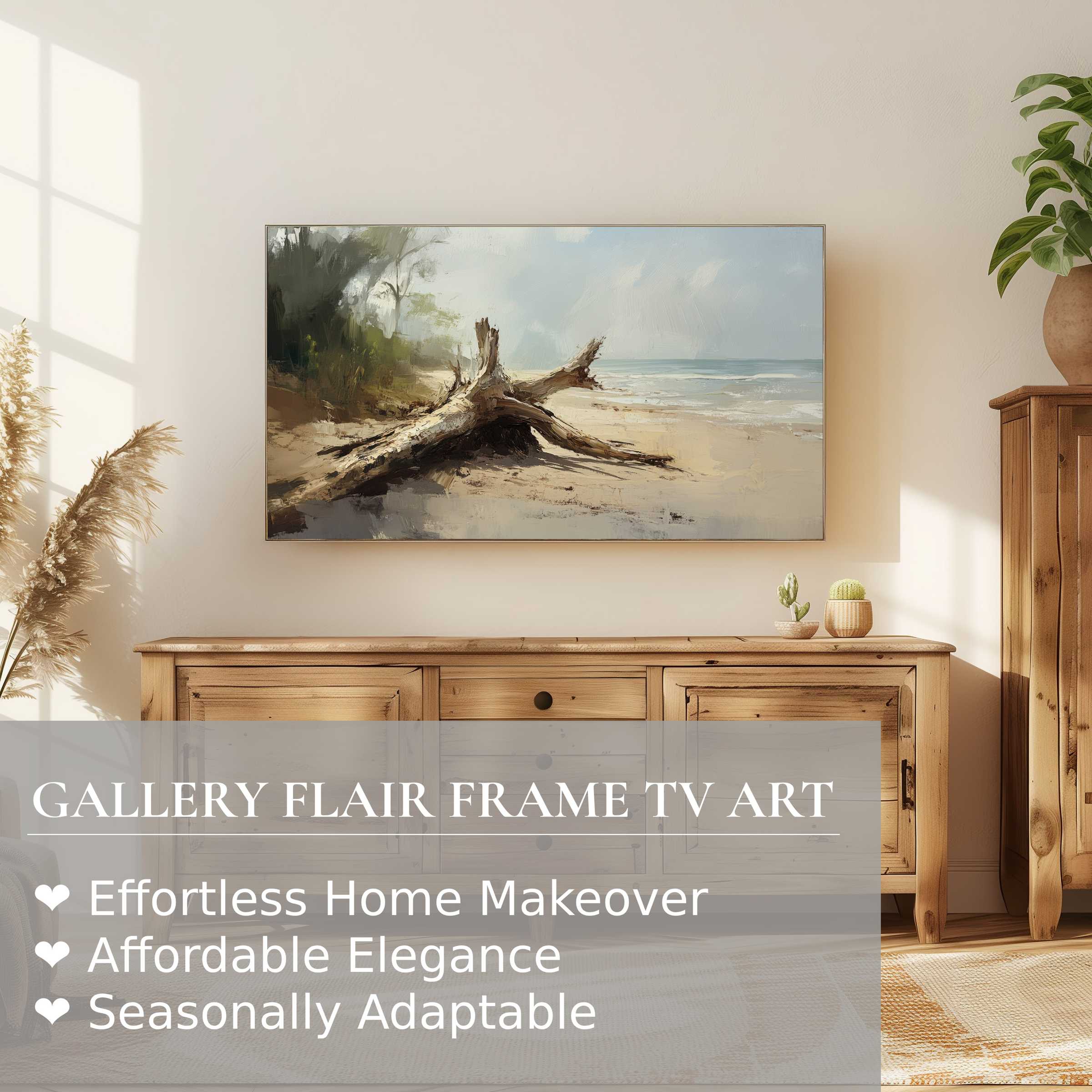Samsung Frame TV displaying serene beach digital artwork in a modern, elegant living space with natural wood tones