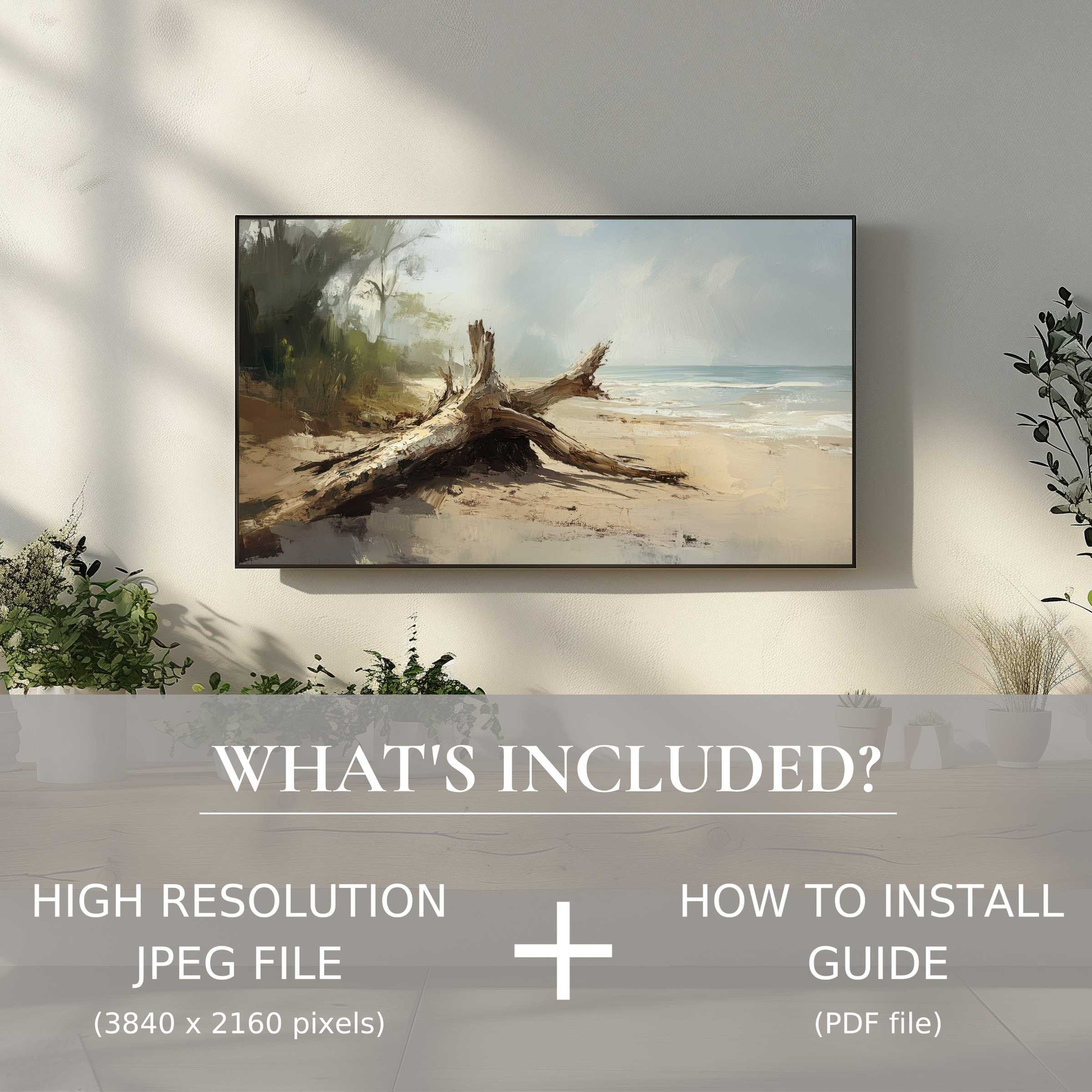 Elegant beach digital TV art download easily enhances modern living spaces with serene coastal decor and instant digital use