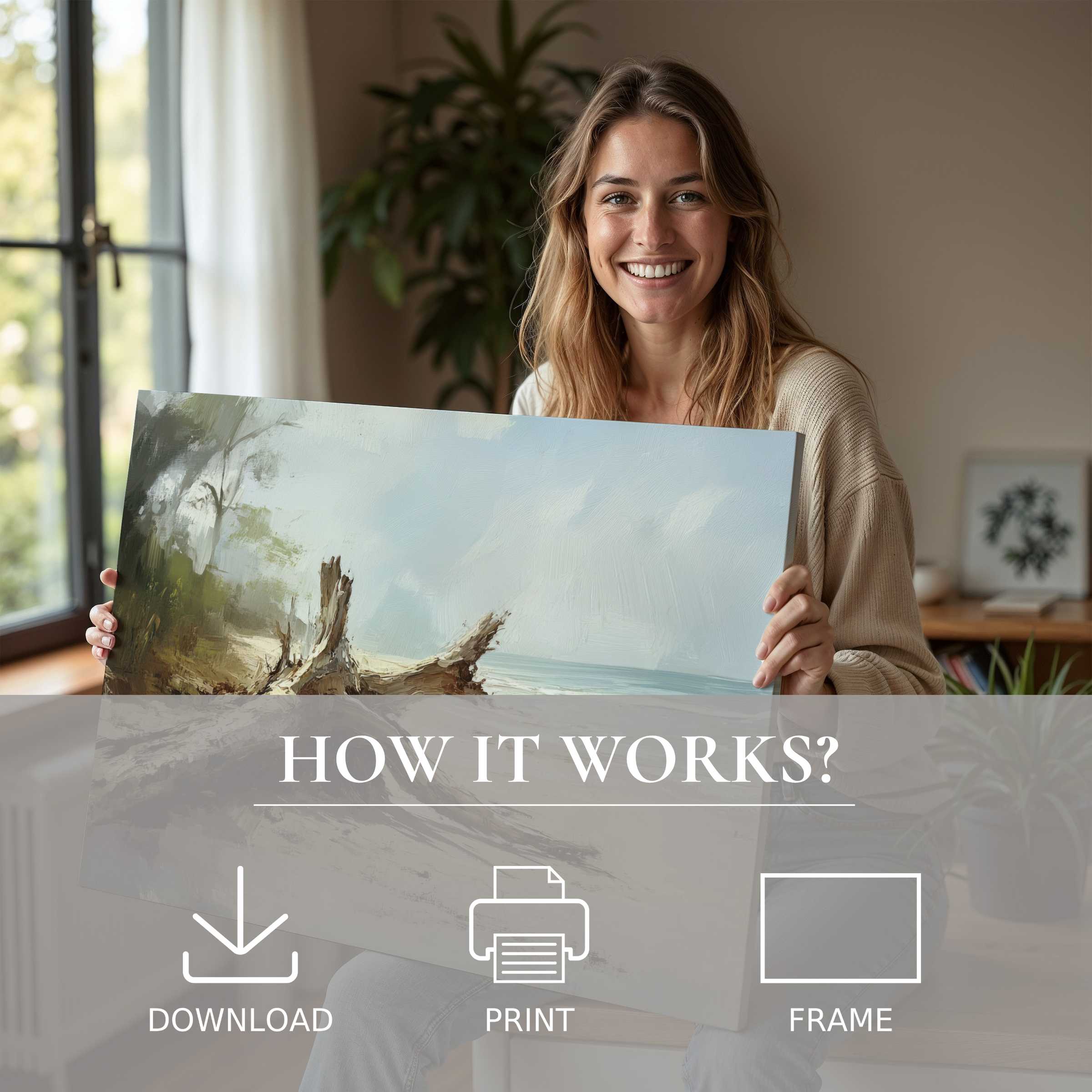 Radiant beach digital art print embraced in a sunlit modern home, capturing serene joy and effortless elegance in living with art